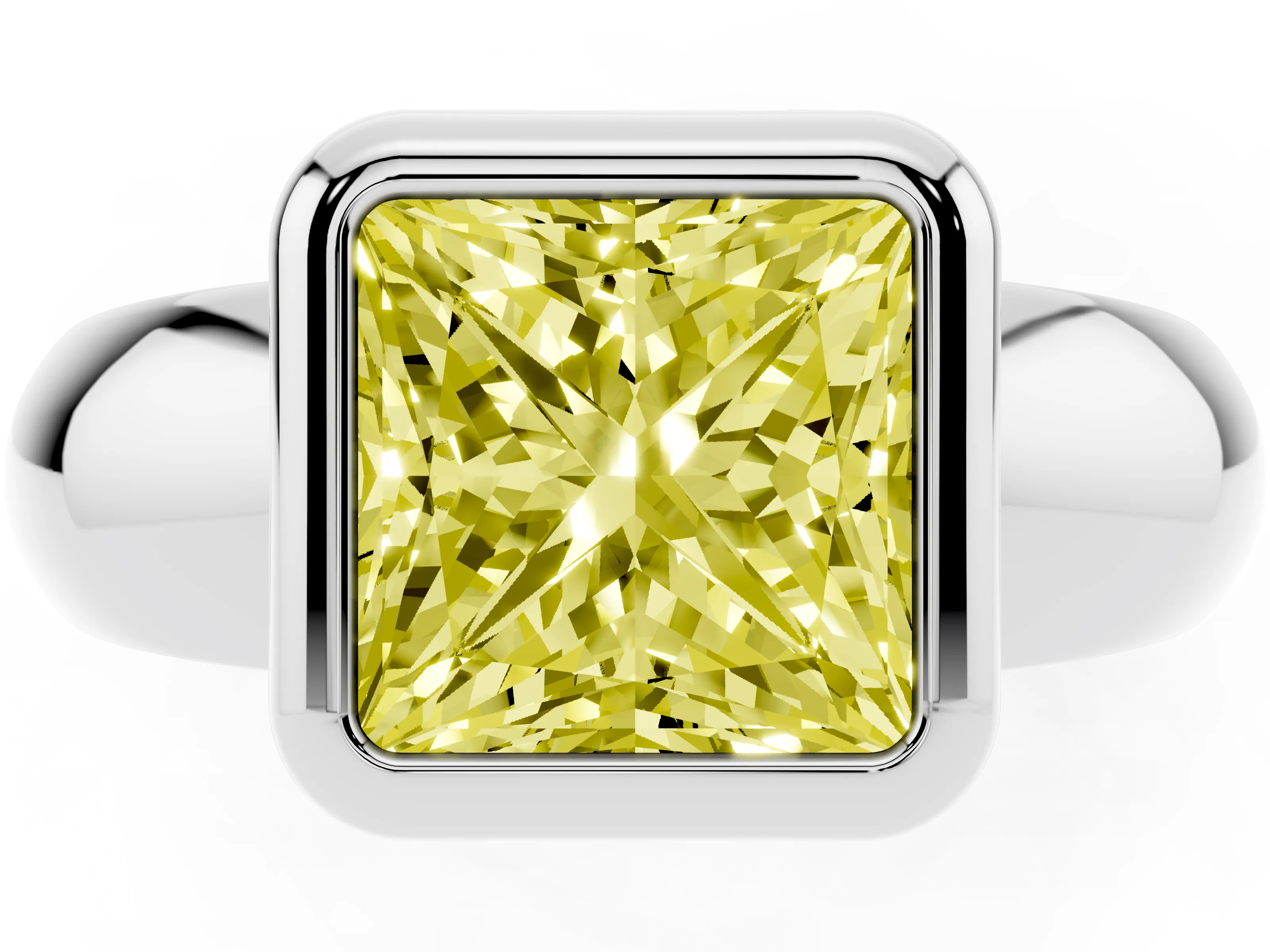 Fancy Yellow Bezel Set Princess Cut Diamond Solitaire Ring Set in White gold with Wide Band