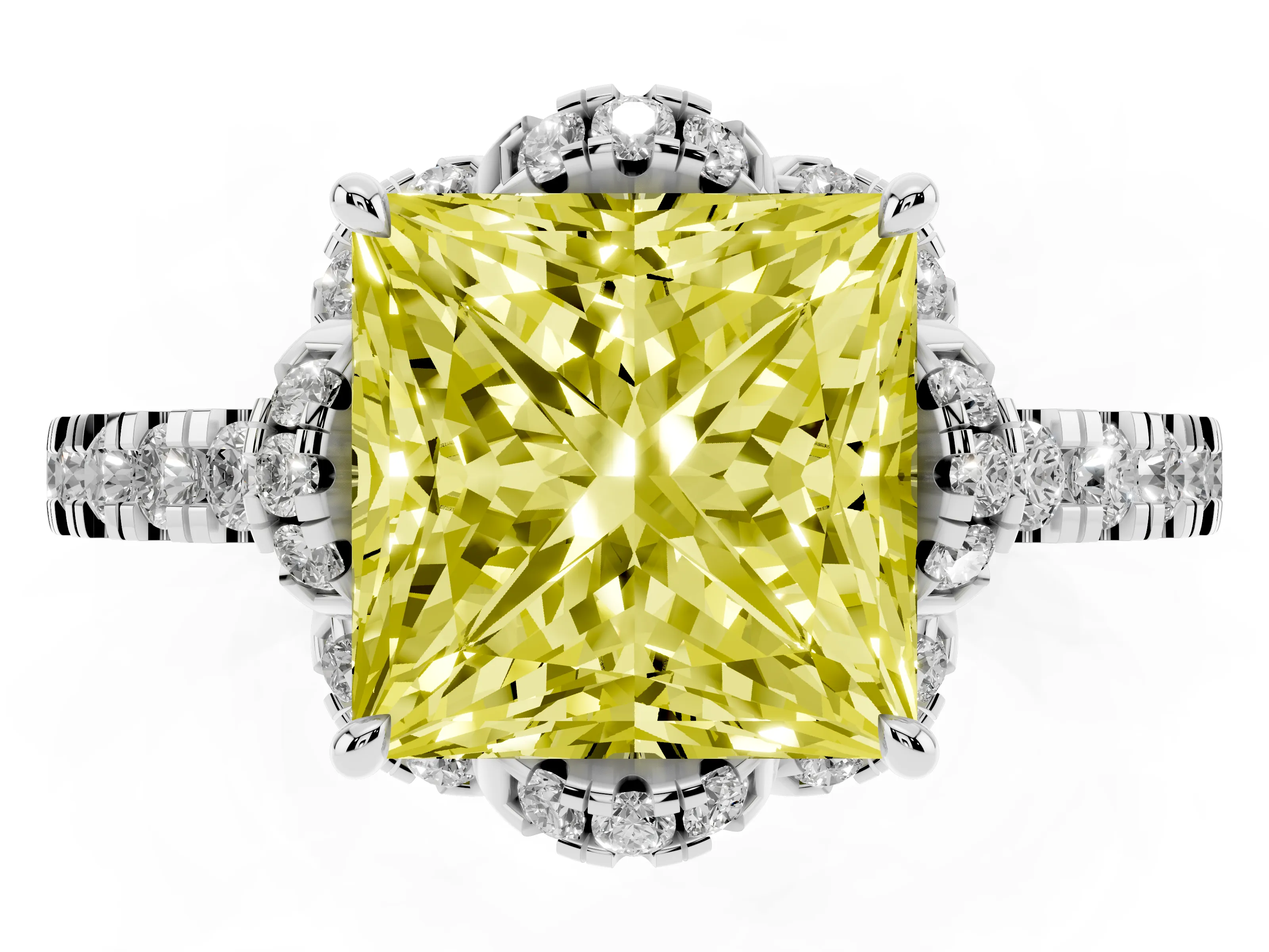 Fancy Yellow Princess Cut Diamond Halo Pavé Band Ring Set in White gold with Prong-Held Center