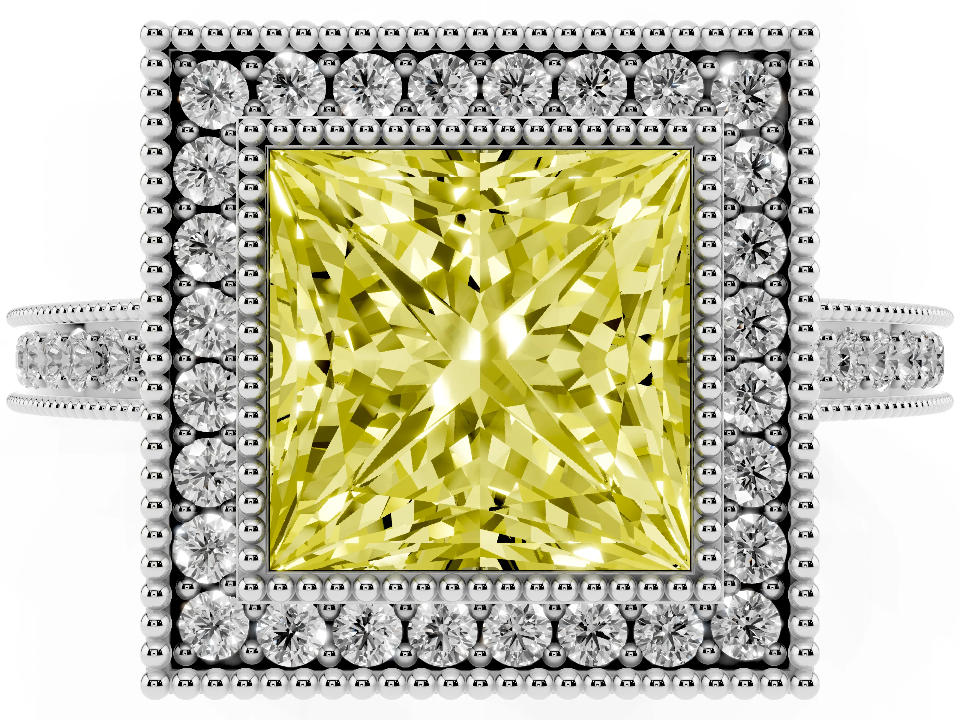Fancy Yellow Princess Cut Diamond Halo Ring Set in White gold with Pavé Band and Milgrain-Edged Prongs
