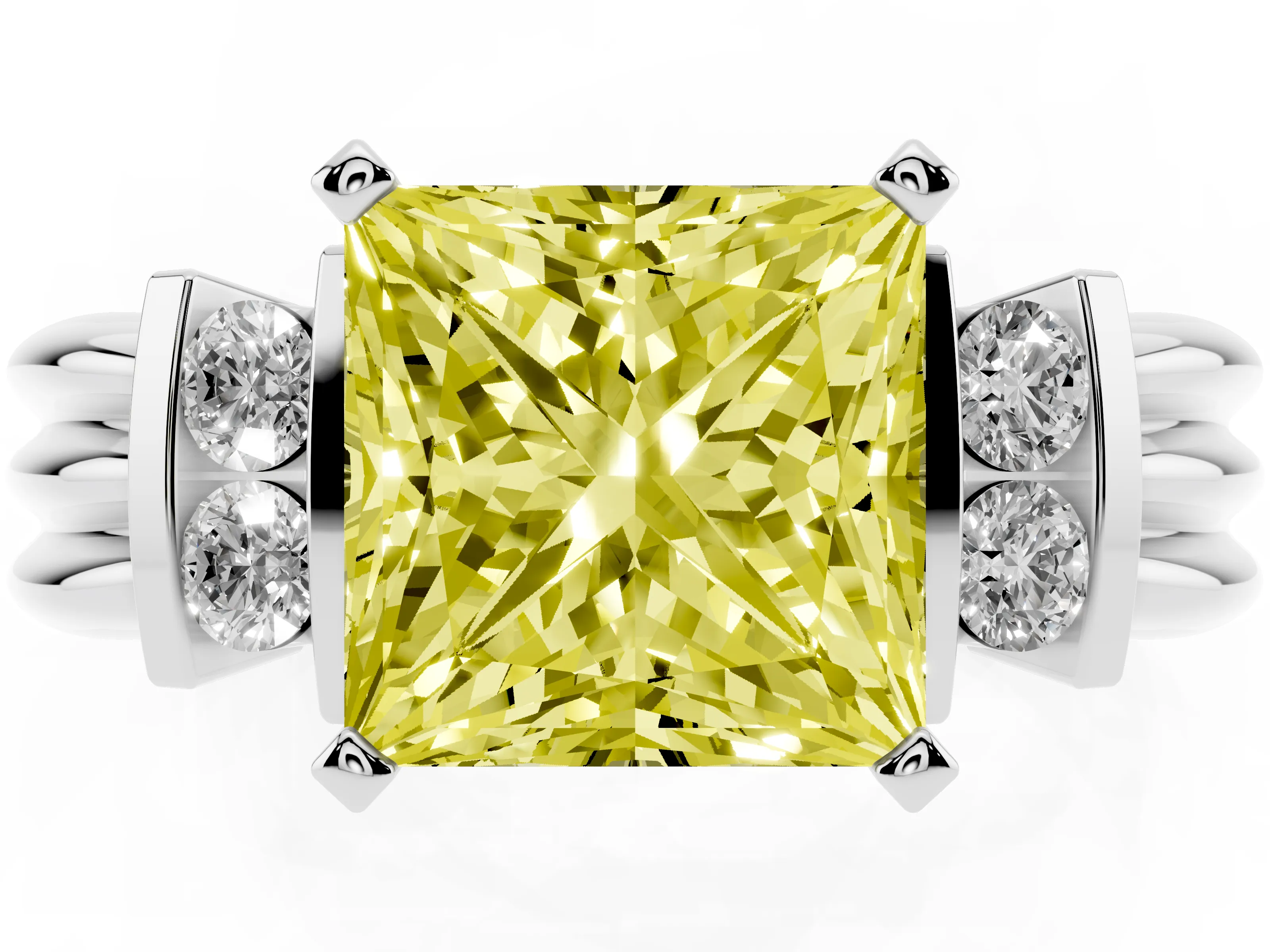 Fancy Yellow Three-Stone Princess Cut Diamond Channel Set Ring Set in Silver with Bar Prongs