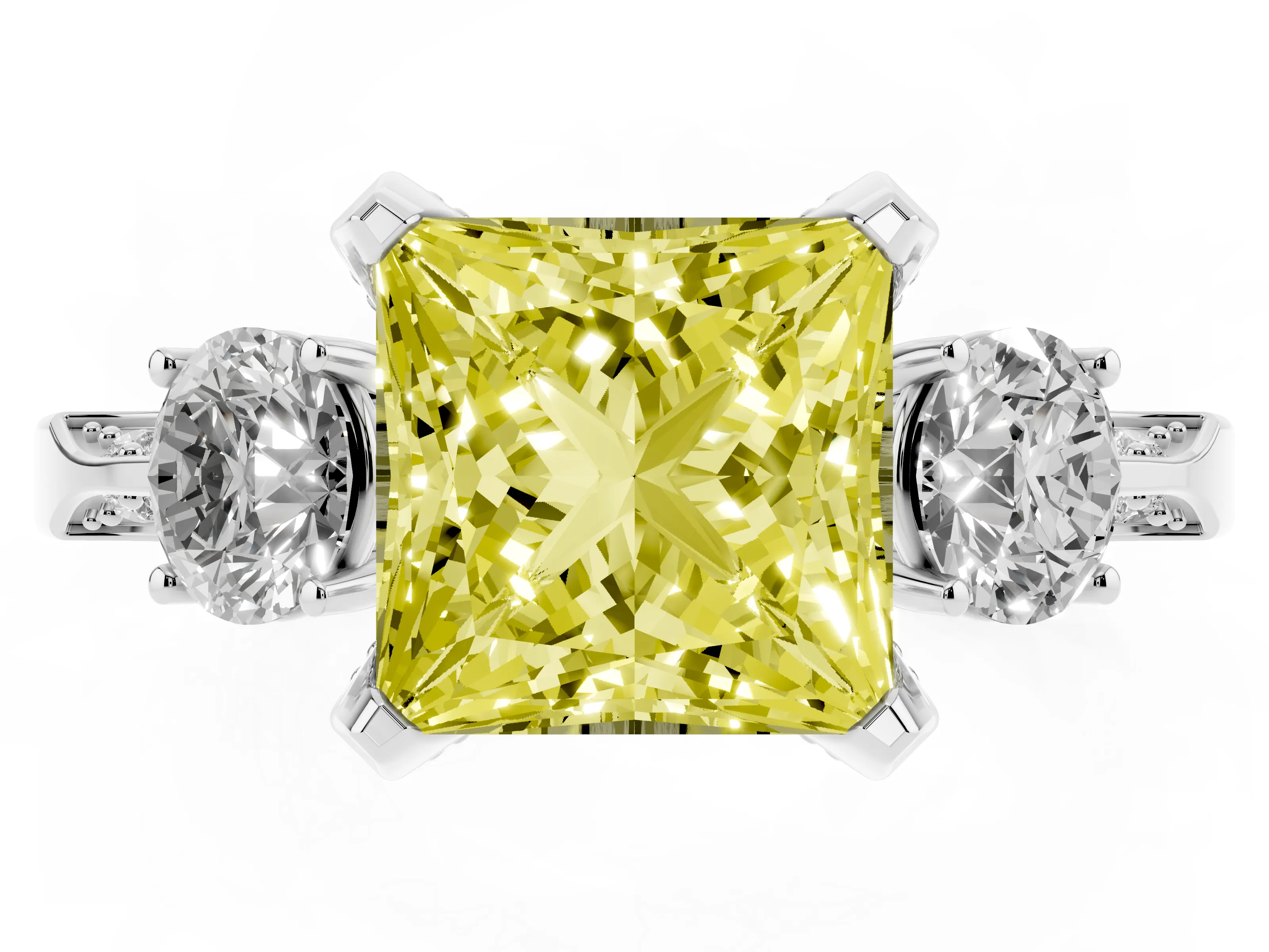 Fancy Yellow Princess Cut Diamond Three-Stone Ring Set in White gold with Pavé Band and Smaller Side Stones