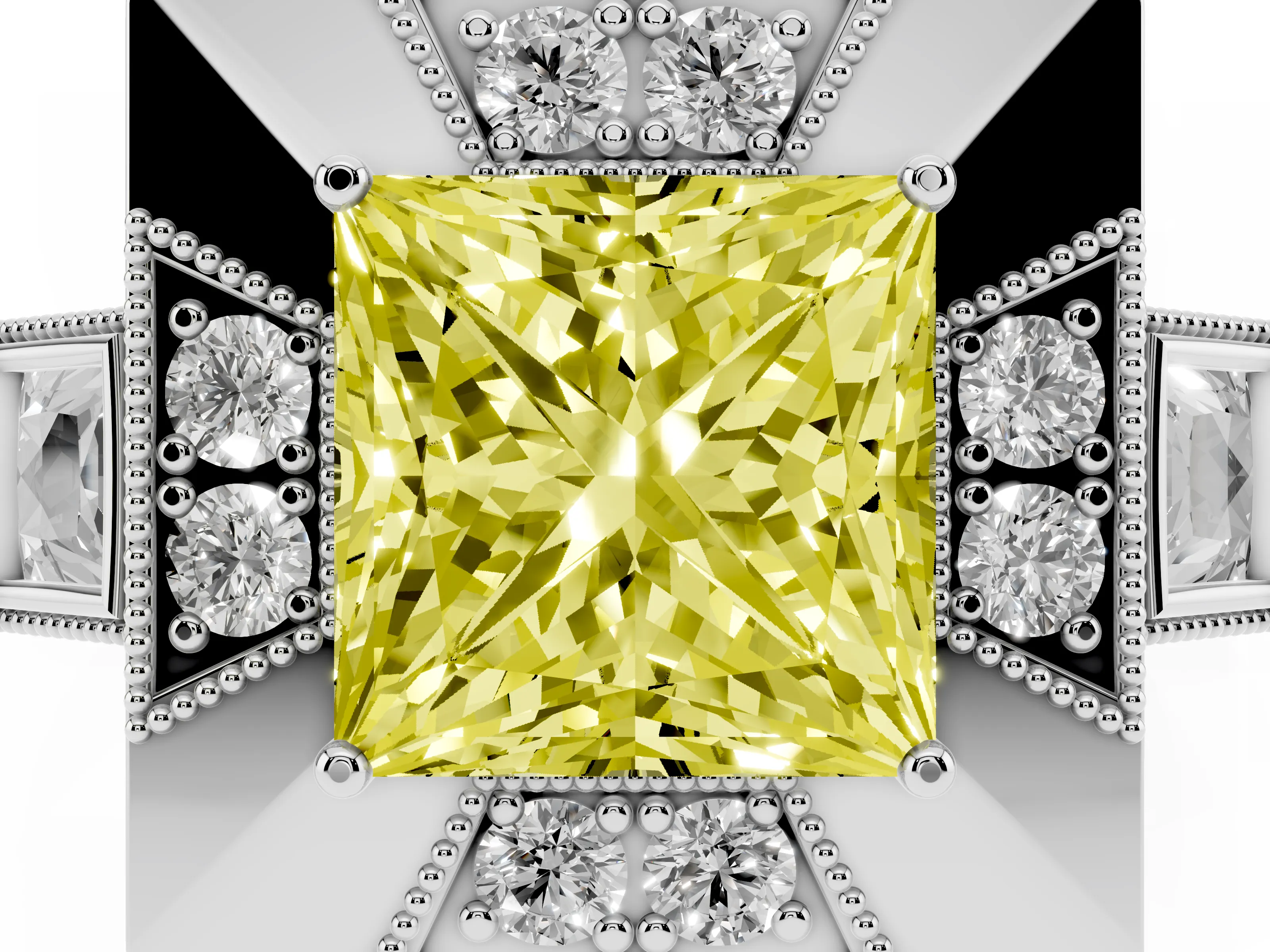 Fancy Yellow Princess Cut Diamond Milgrain Halo Ring Set in Silver with Split Shank