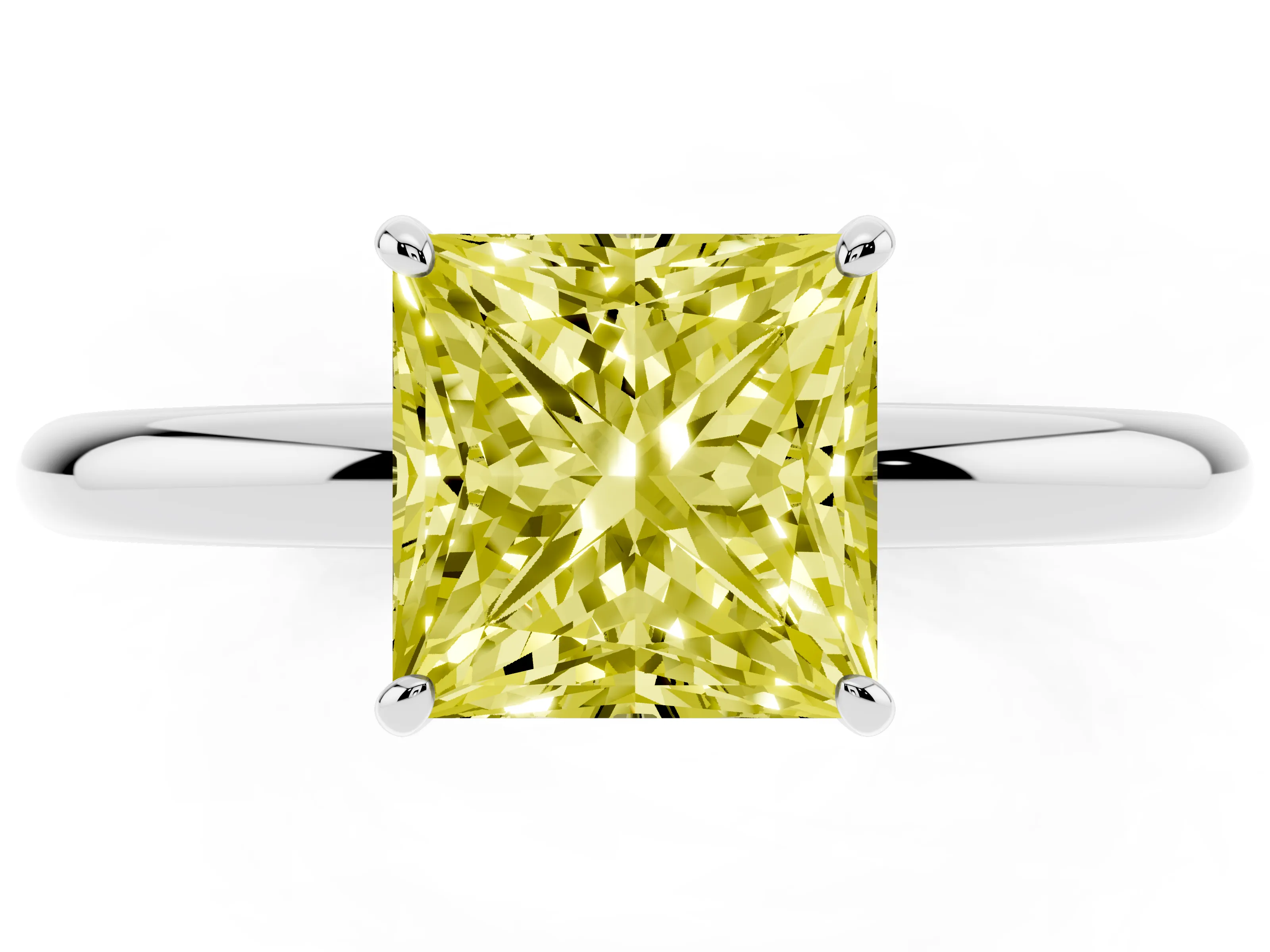 Fancy Yellow Princess Cut Diamond Solitaire Ring Set in Silver with Prong Setting on a Polished Plain Band