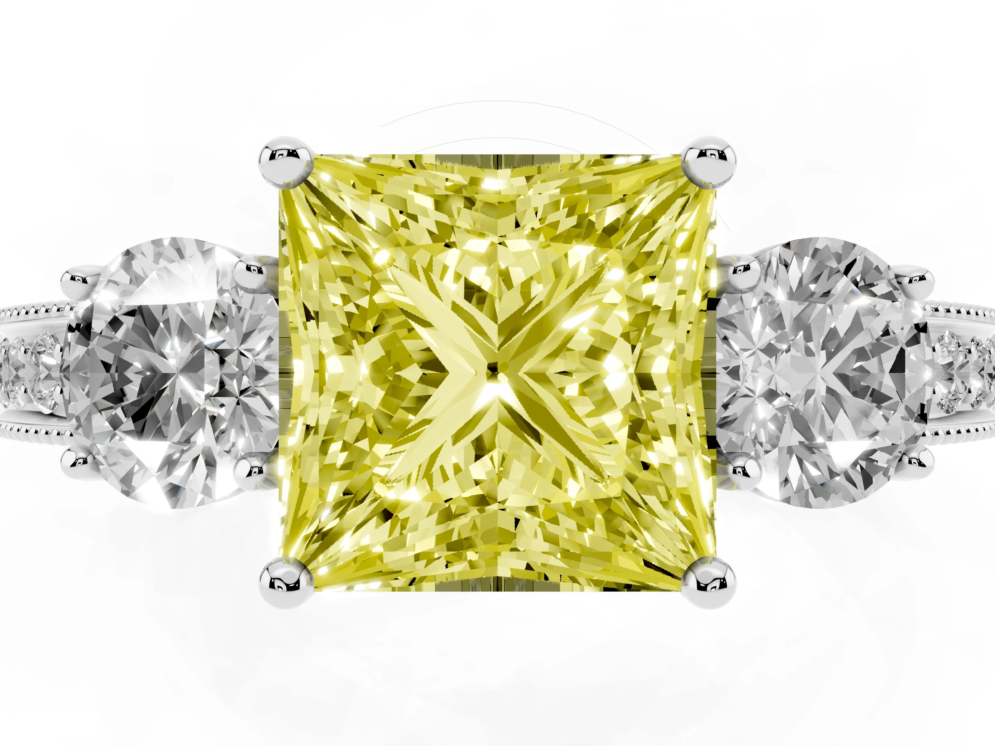 Fancy Yellow Princess Cut Diamond Three-Stone Ring Set in Platinum with Round Side Stones and Pavé Band