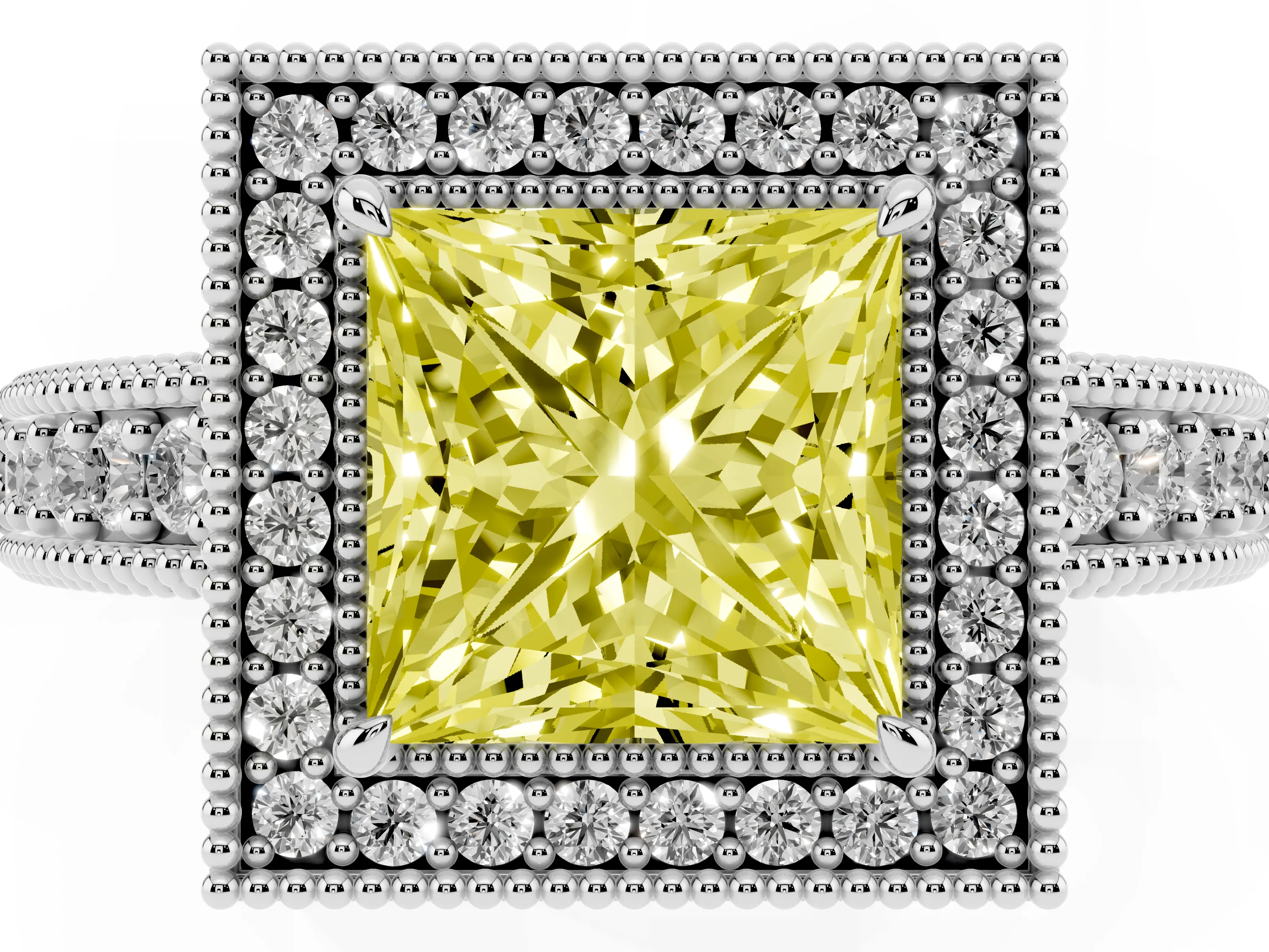 Fancy Yellow Princess Cut Diamond Halo Ring Set in White gold with Round Accent Halo, Pavé Band and Prong Setting