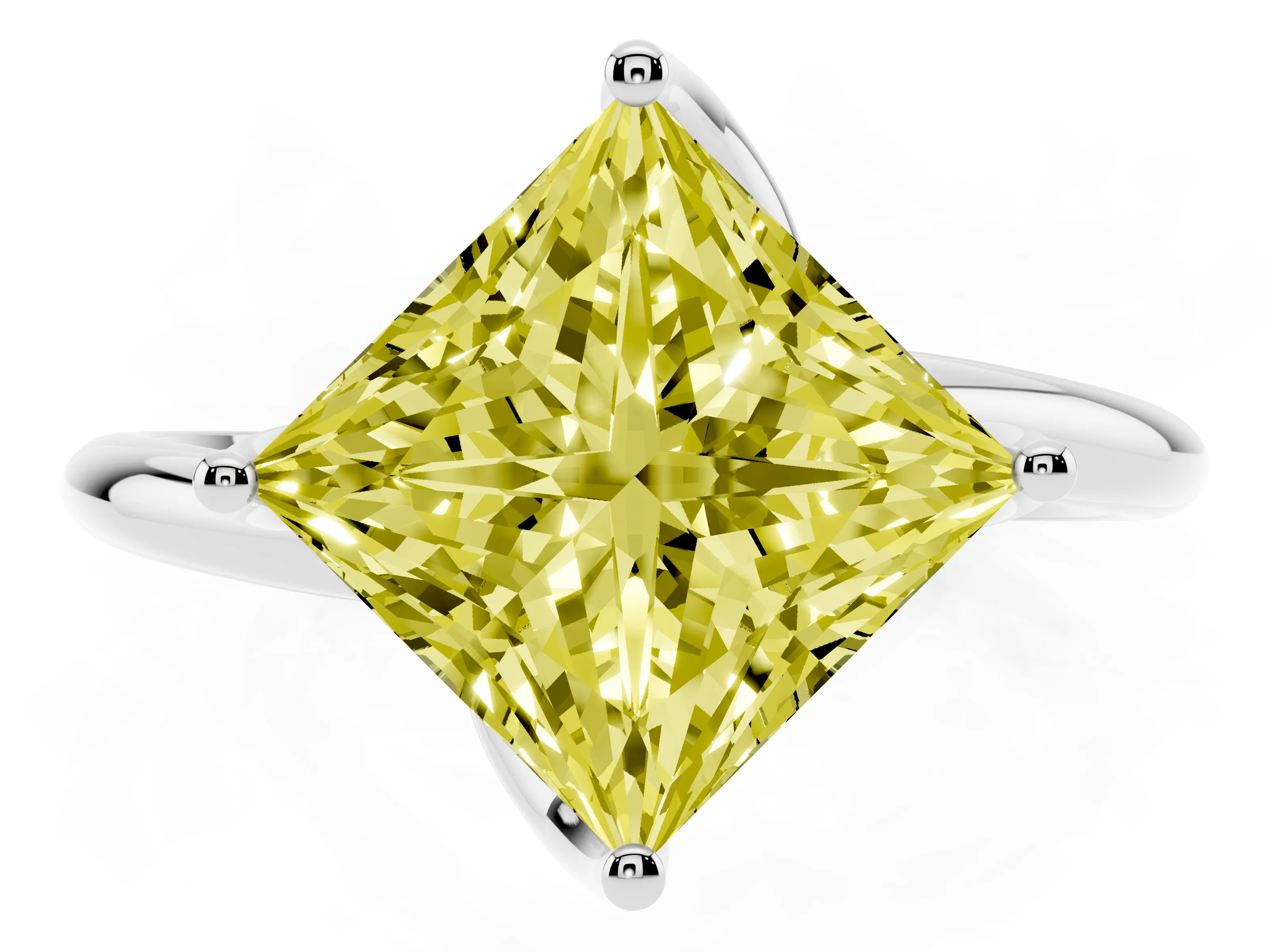 Fancy Yellow Princess Cut Diamond Solitaire Engagement Ring Set in Platinum with Classic Plain Band