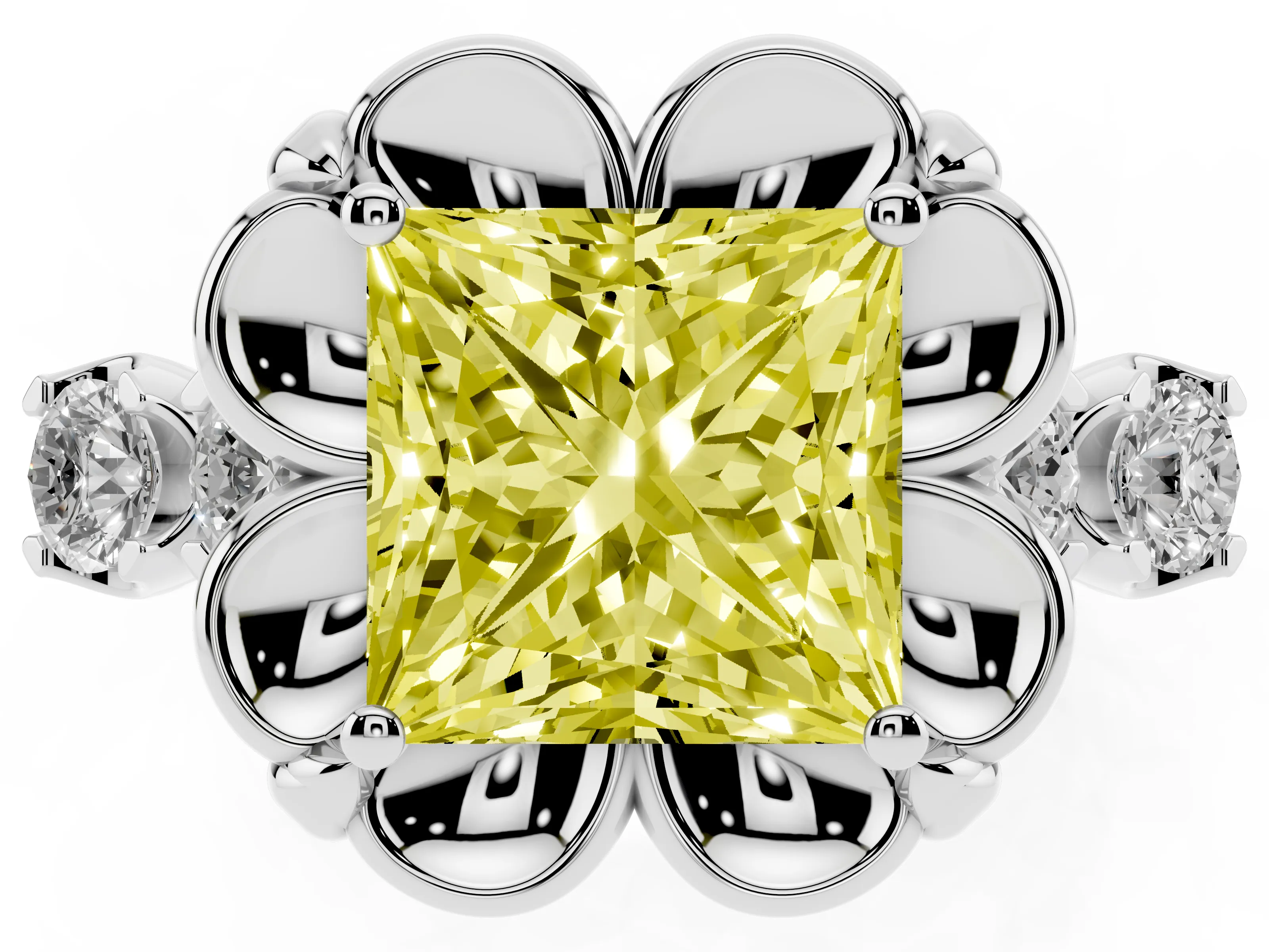 Fancy Yellow Princess Cut Diamond Floral Halo Ring Set in Silver with Shared Prong Band