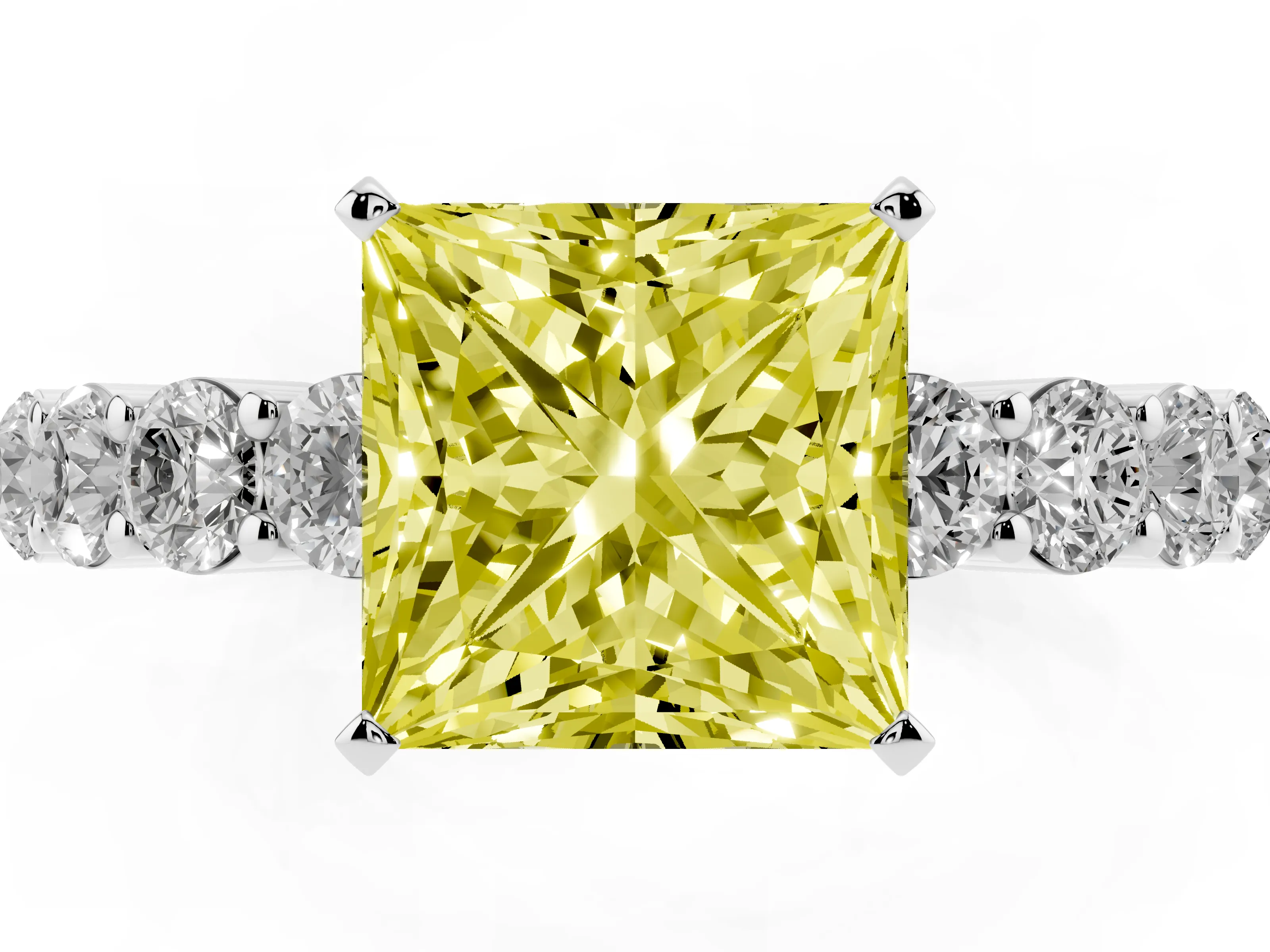 Fancy Yellow Princess Cut Diamond Solitaire Ring Set in White gold with Shared Prong Round Side Stones