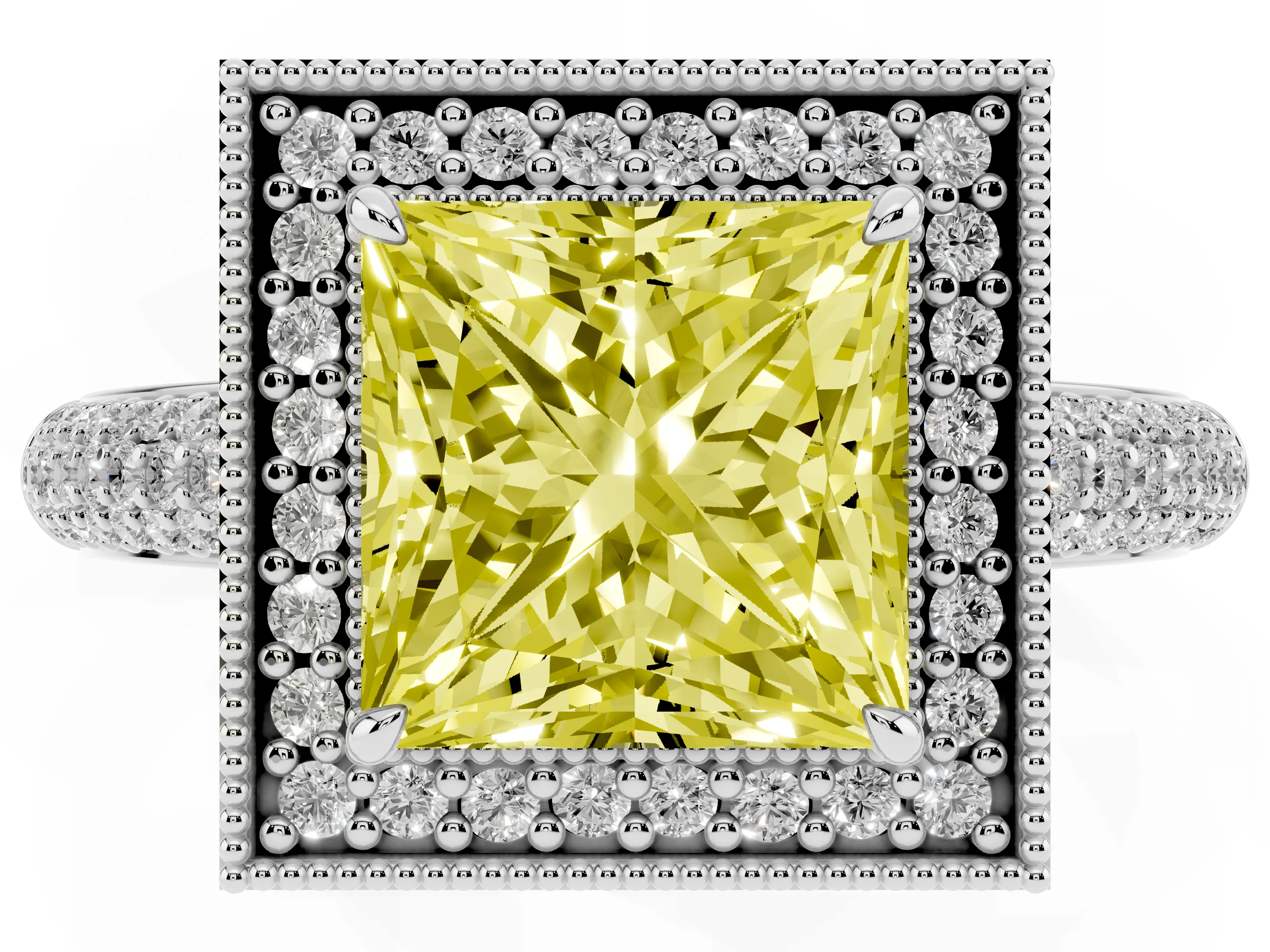 Fancy Yellow Princess Cut Diamond Halo Pavé Band Set in Platinum with Prong Setting