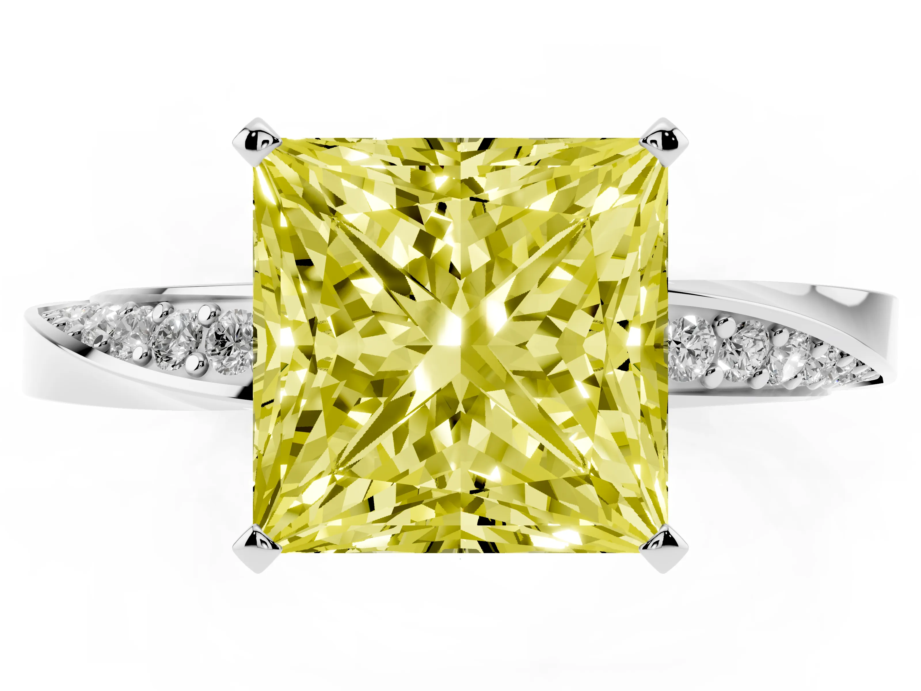 Fancy Yellow Princess Cut Diamond Engagement Ring Set in Silver with Side Stone Accents and Prong Setting
