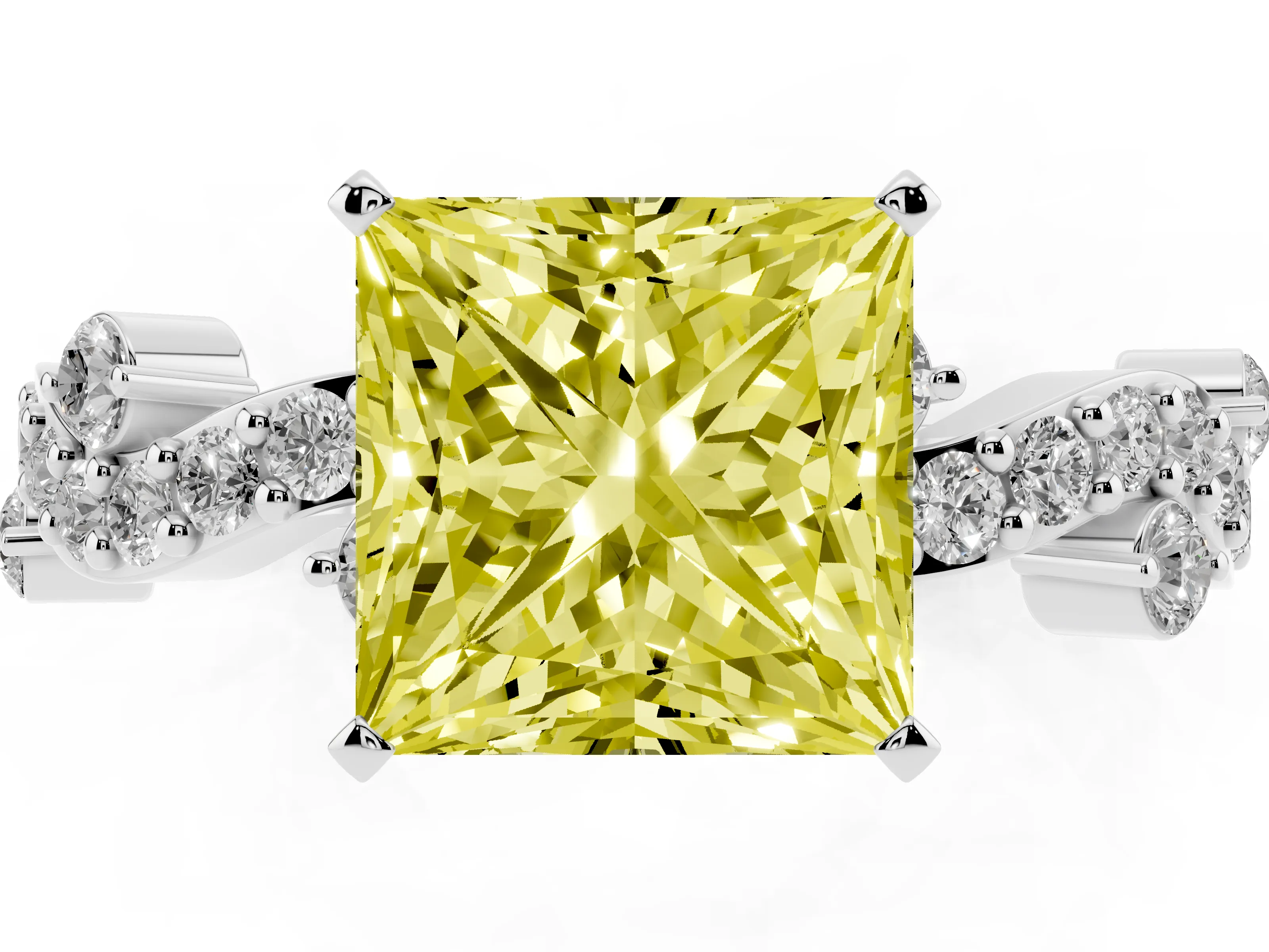 Fancy Yellow Princess Cut Diamond Solitaire Twisted Band Set in White gold with Pavé Setting