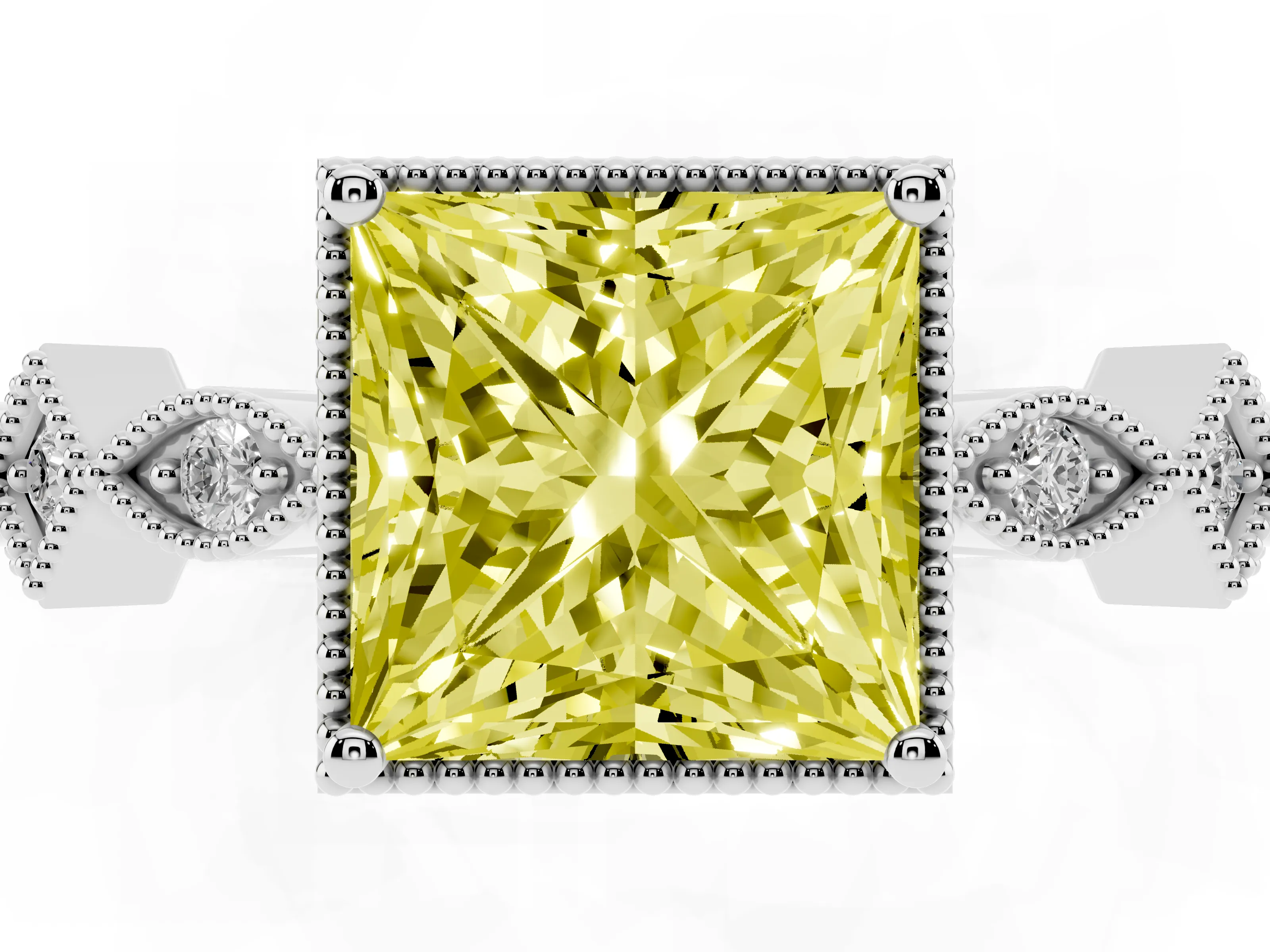Fancy Yellow Princess Cut Diamond Milgrain Marquise Twist Band Ring Set in White gold with Prong Setting