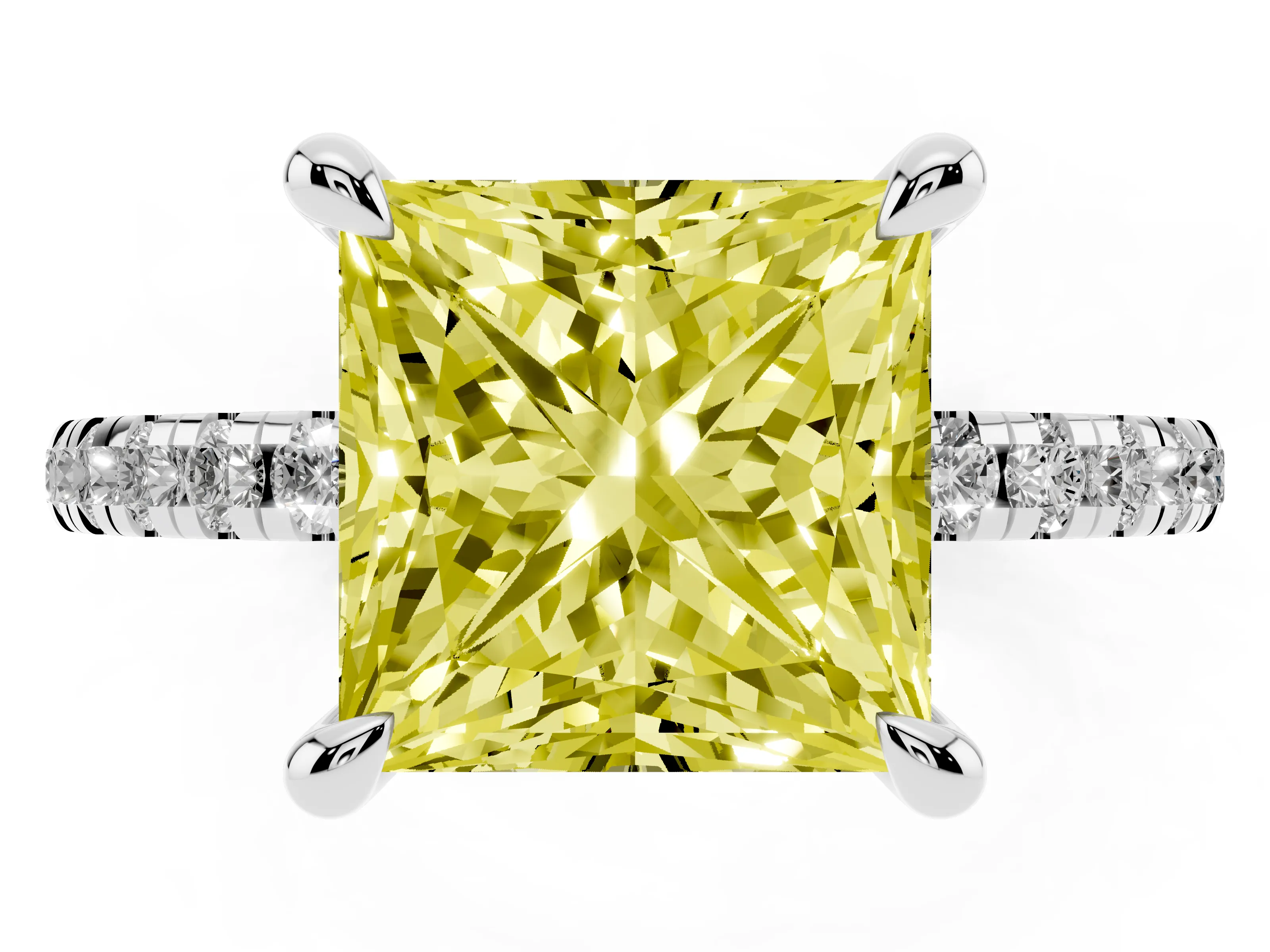 Fancy Yellow Princess Cut Diamond Brilliant Solitaire Ring Set in White gold with Pavé Band and Prong Setting