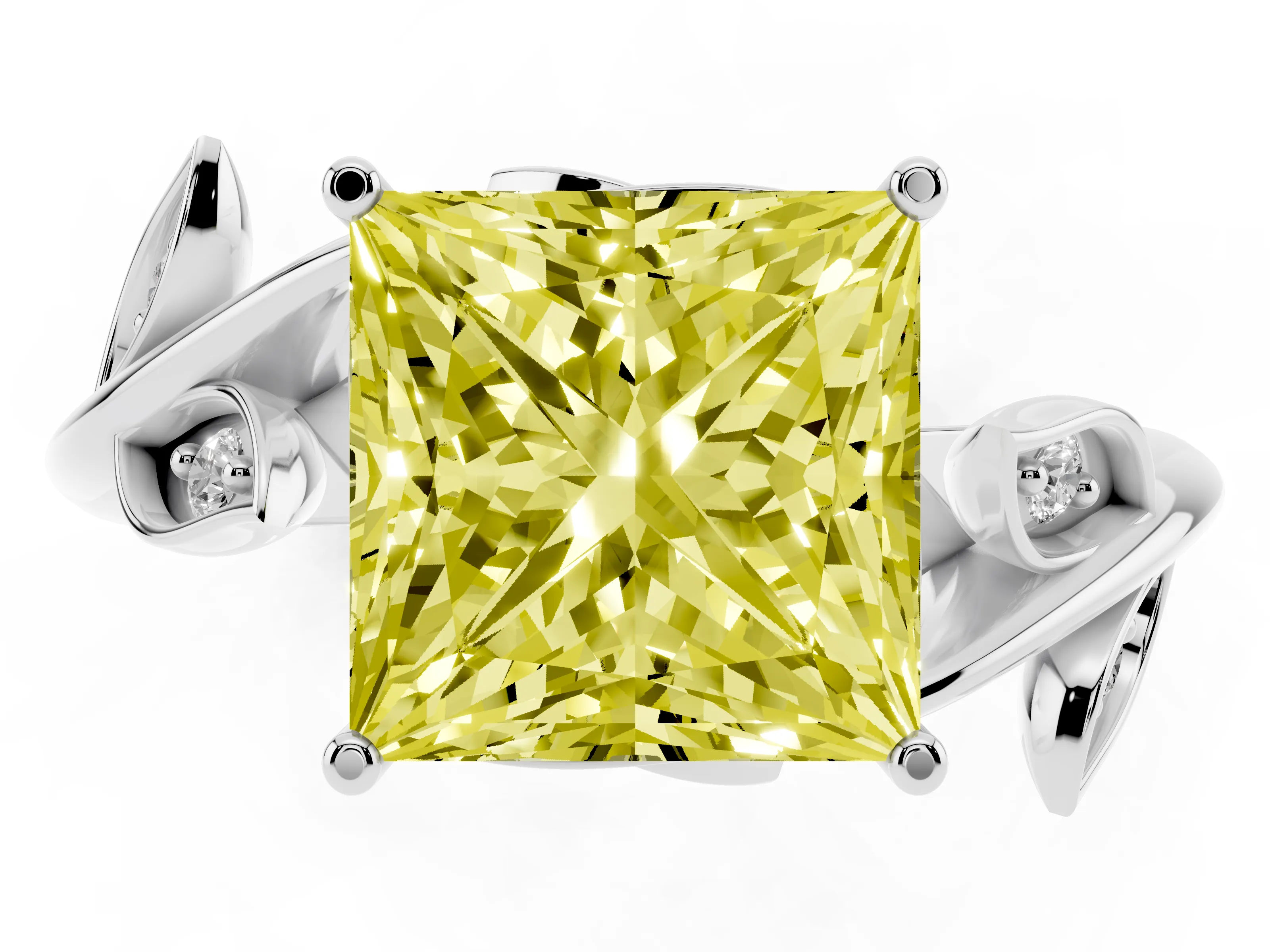 Fancy Yellow Princess Cut Diamond Solitaire Twist Engagement Ring Set in White gold with Pavé Leaf Accents