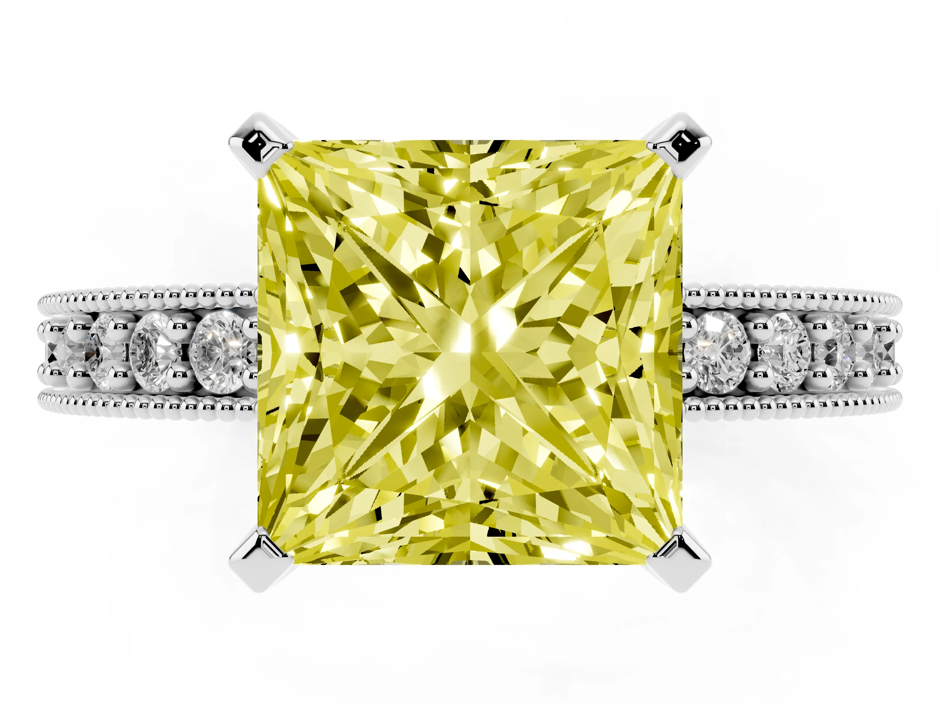 Fancy Yellow Princess Cut Diamond Milgrain Pavé Engagement Ring Set in Silver with Prong Setting