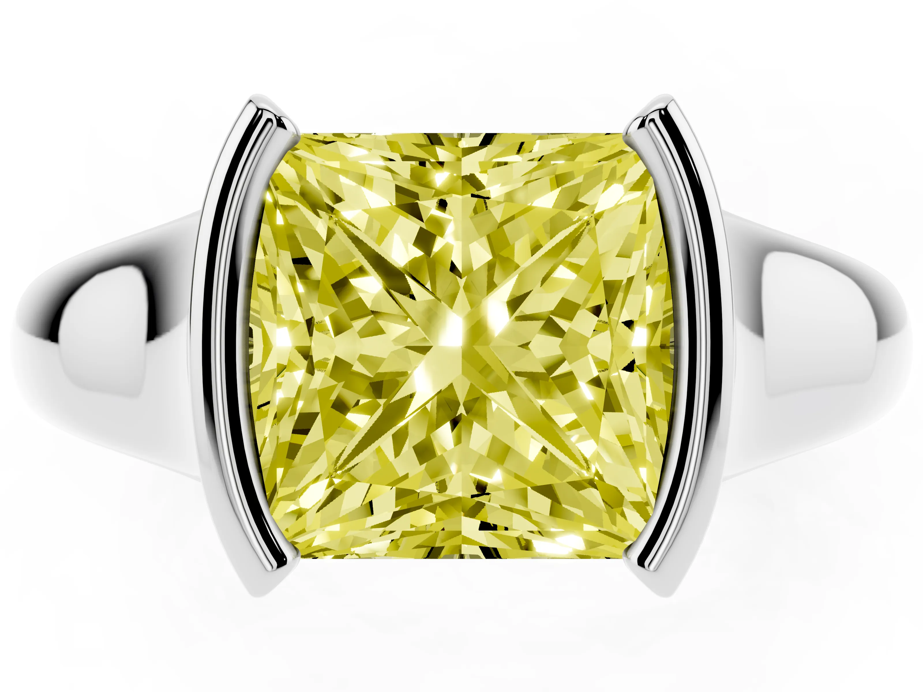 Fancy Yellow Princess Cut Diamond Solitaire Tension Set Ring Set in White gold with Split Shank Band
