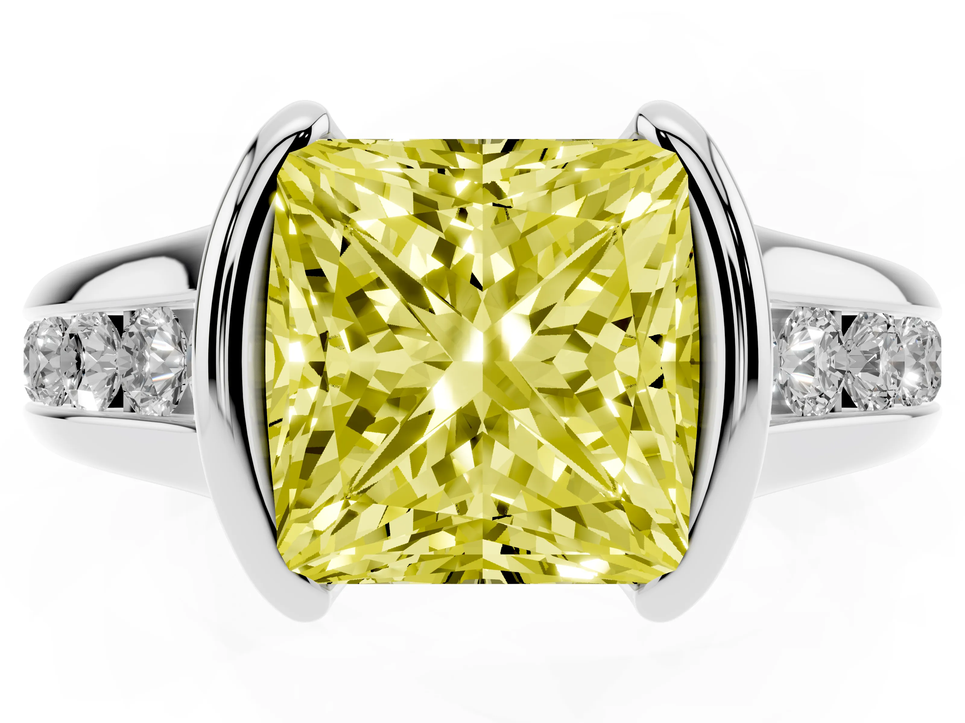 Fancy Yellow Princess Cut Diamond Bezel-Set Solitaire Ring Set in Silver with Channel-Set Band