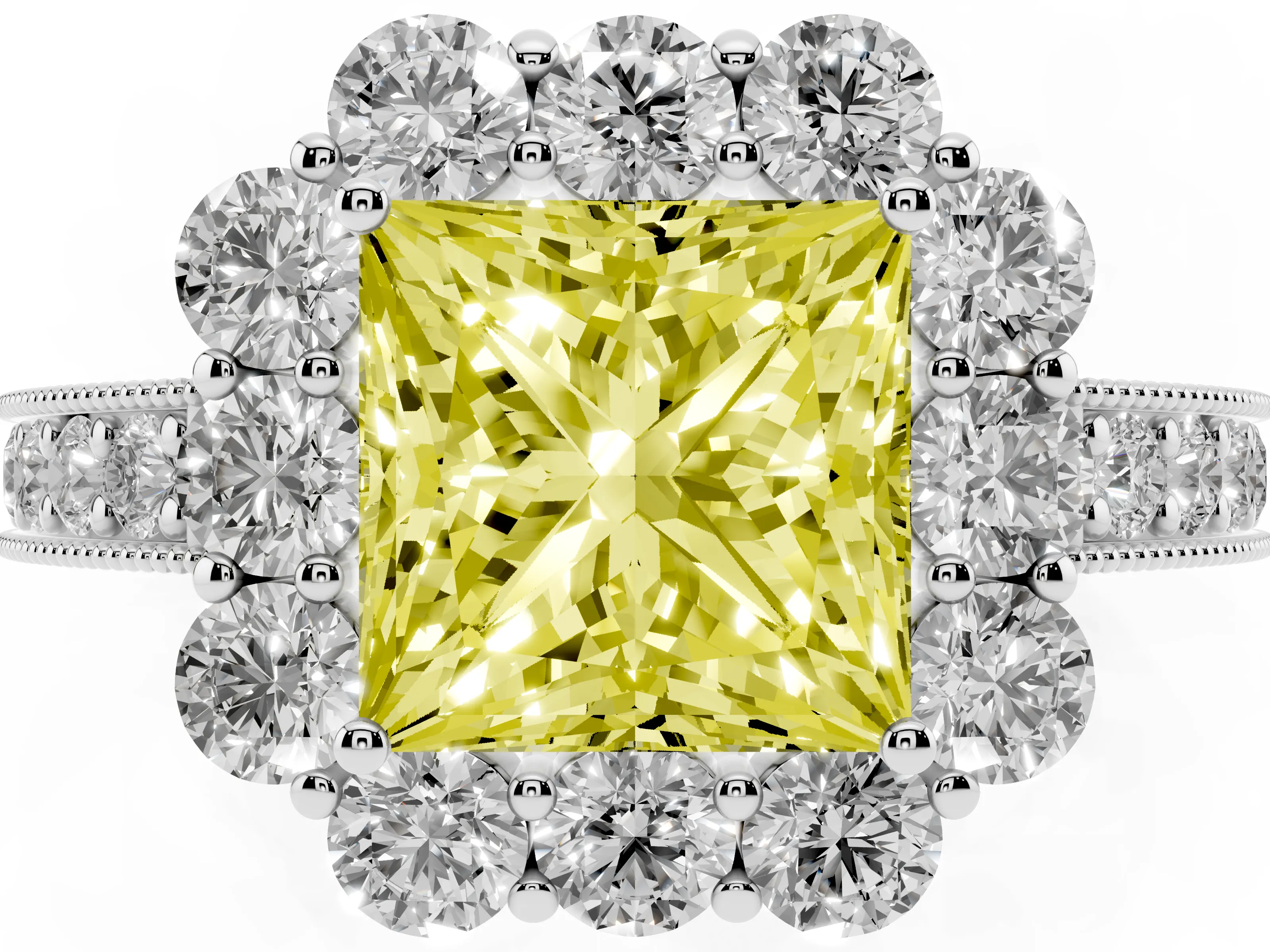 Fancy Yellow Princess Cut Diamond Halo Pavé Engagement Ring Set in White gold with Milgrain Detailing