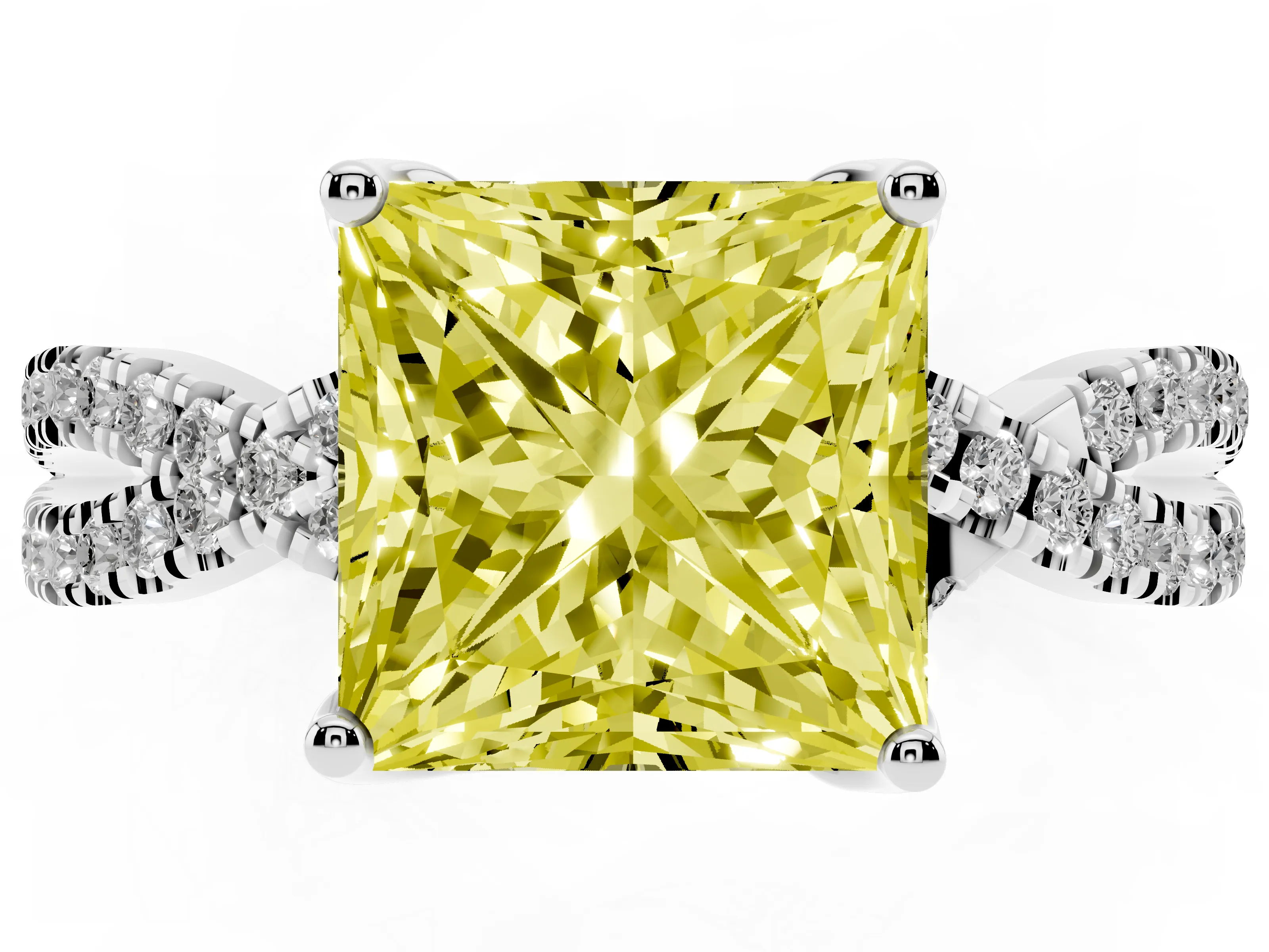 Fancy Yellow Princess Cut Diamond Twist Pavé Solitaire Engagement Ring Set in Silver with Prong Setting