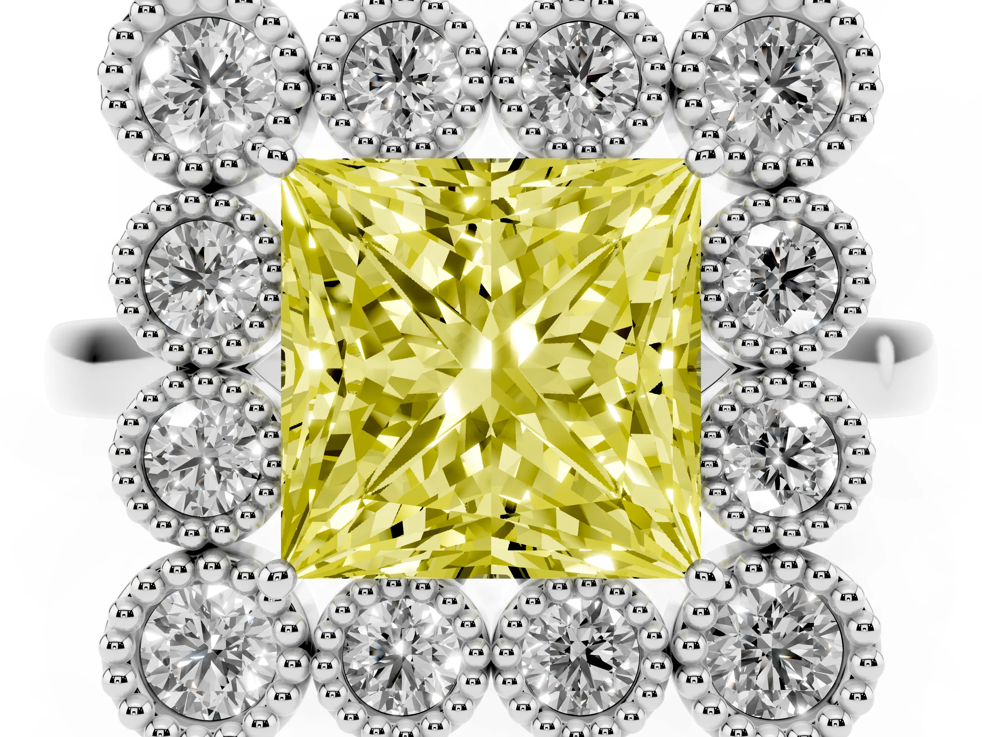 Fancy Yellow Princess Cut Diamond Cluster Halo Ring Set in White gold with Milgrain Bezel Accents and Plain Band