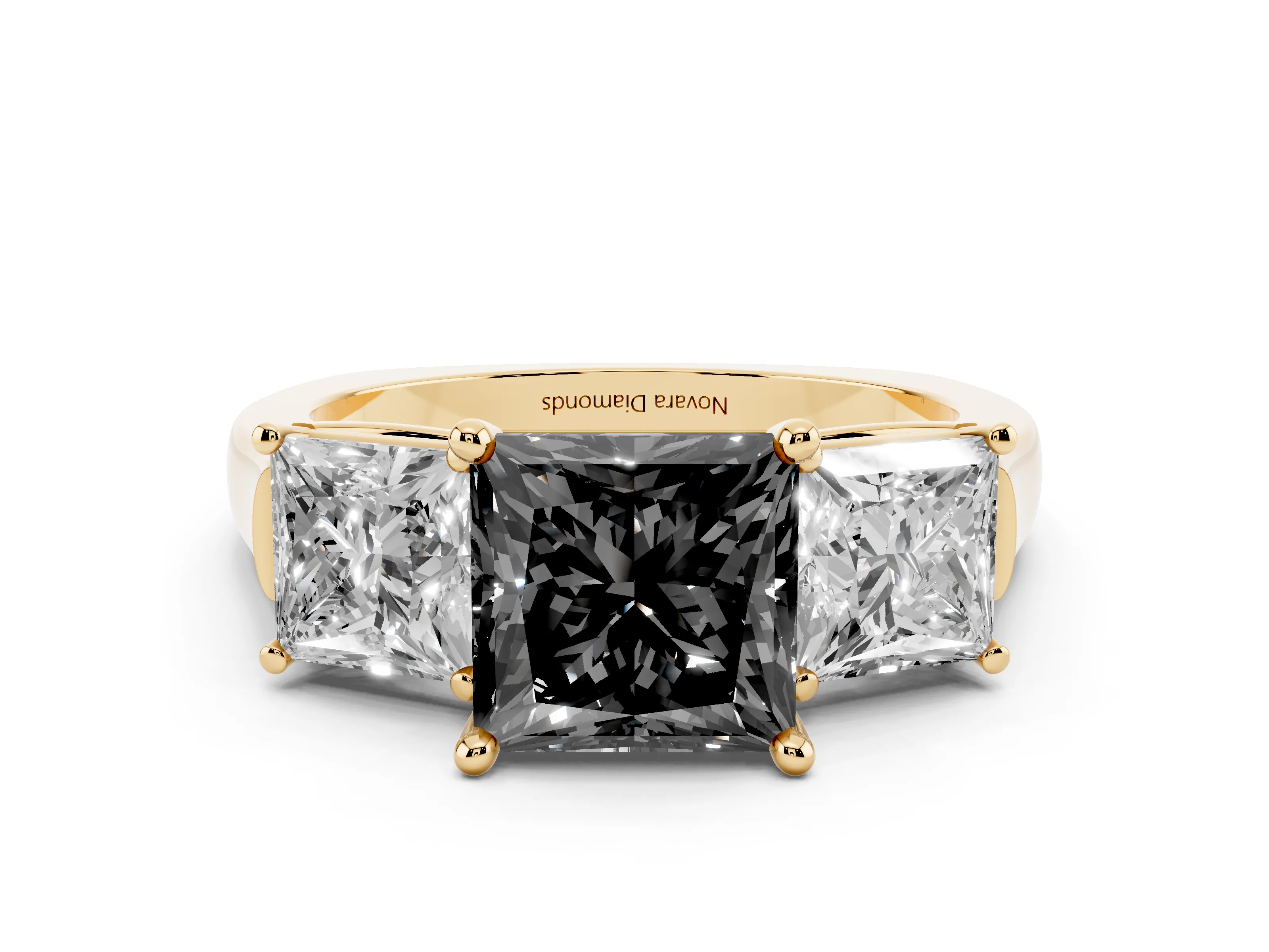 Fancy Black Princess Cut Diamond Three-Stone Trellis Ring Set in Yellow gold with Comfort Fit Band