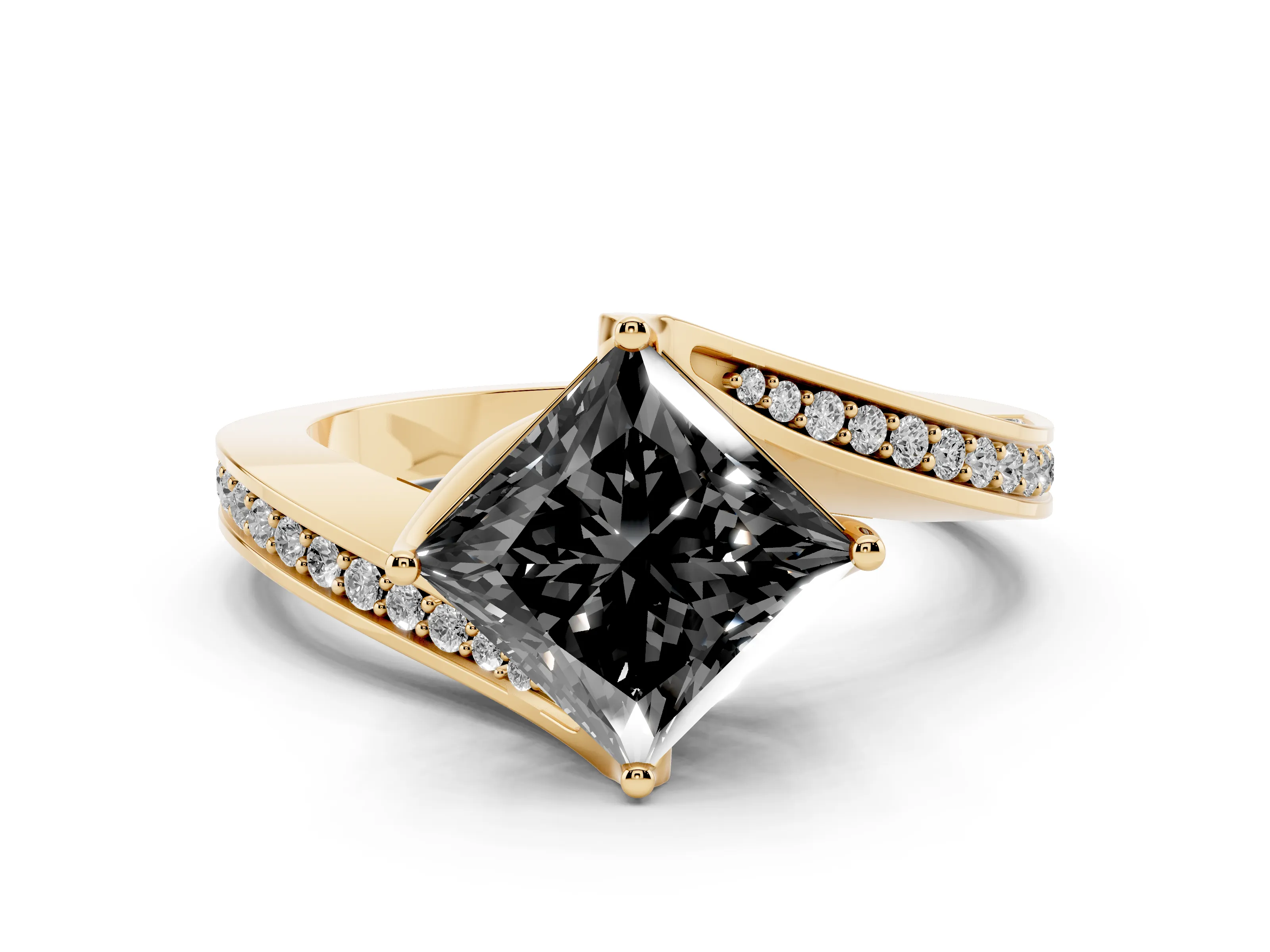 Fancy Black Princess Cut Diamond Solitaire Ring Set in Yellow gold with Intertwined Pavé Twist Band