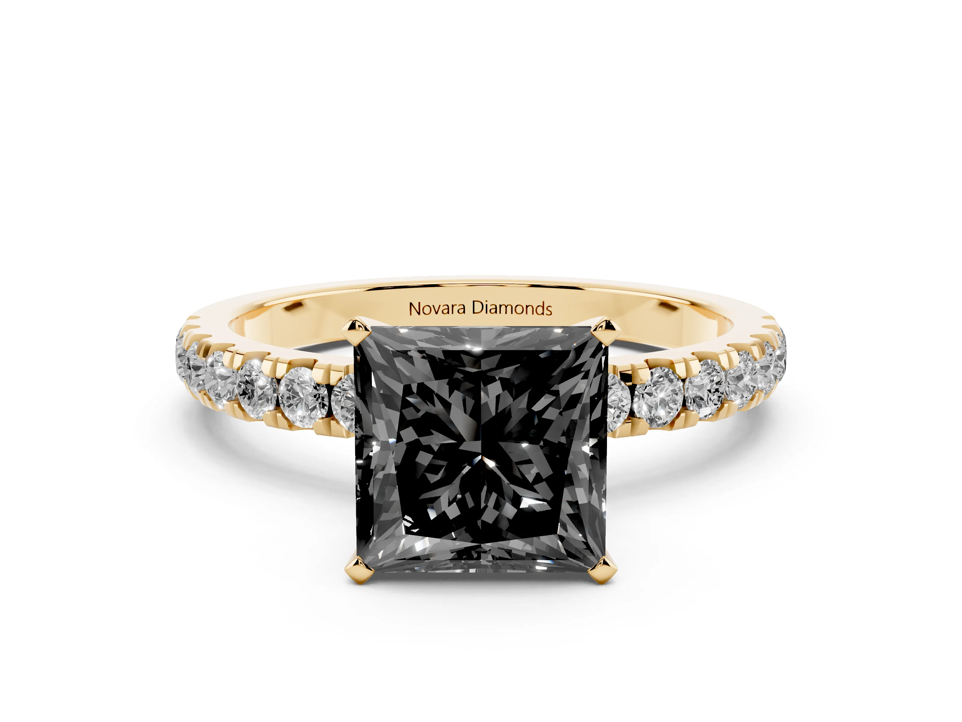 Fancy Black Princess Cut Diamond Solitaire Ring Set in Yellow gold with Pavé Accents and Prong Setting