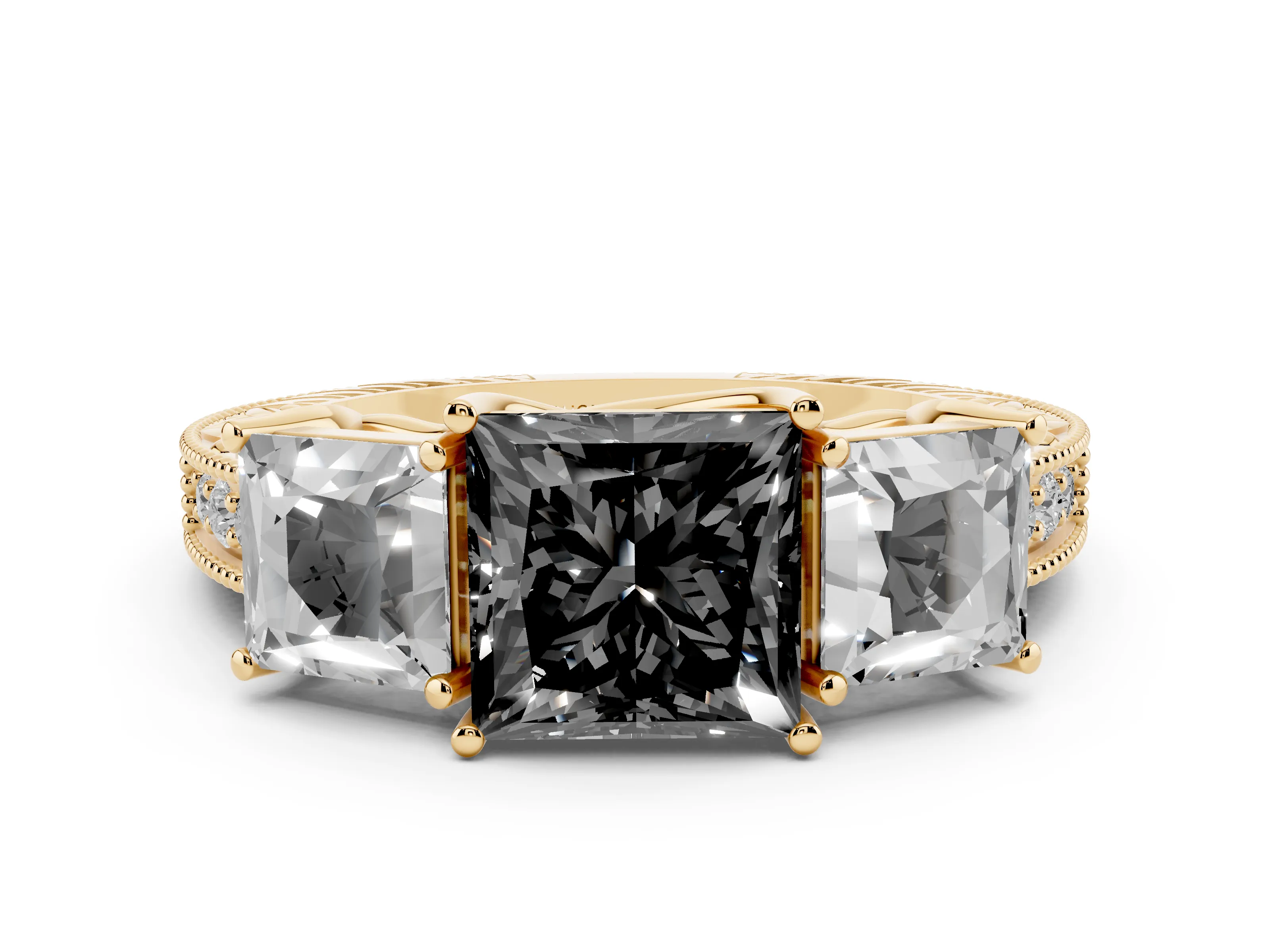 Fancy Black Princess Cut Diamond Three-Stone Engagement Ring Set in Yellow gold with Milgrain Pavé Band