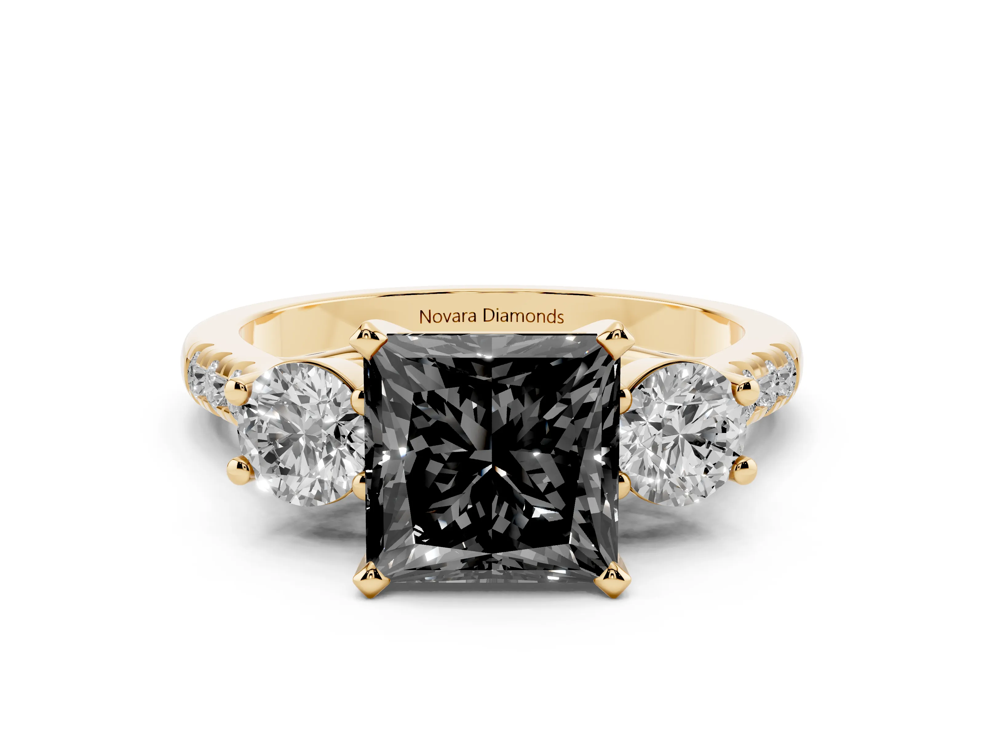 Fancy Black Three-Stone Princess Cut Diamond Pavé Band Ring Set in Yellow gold with Prong-Set Trio
