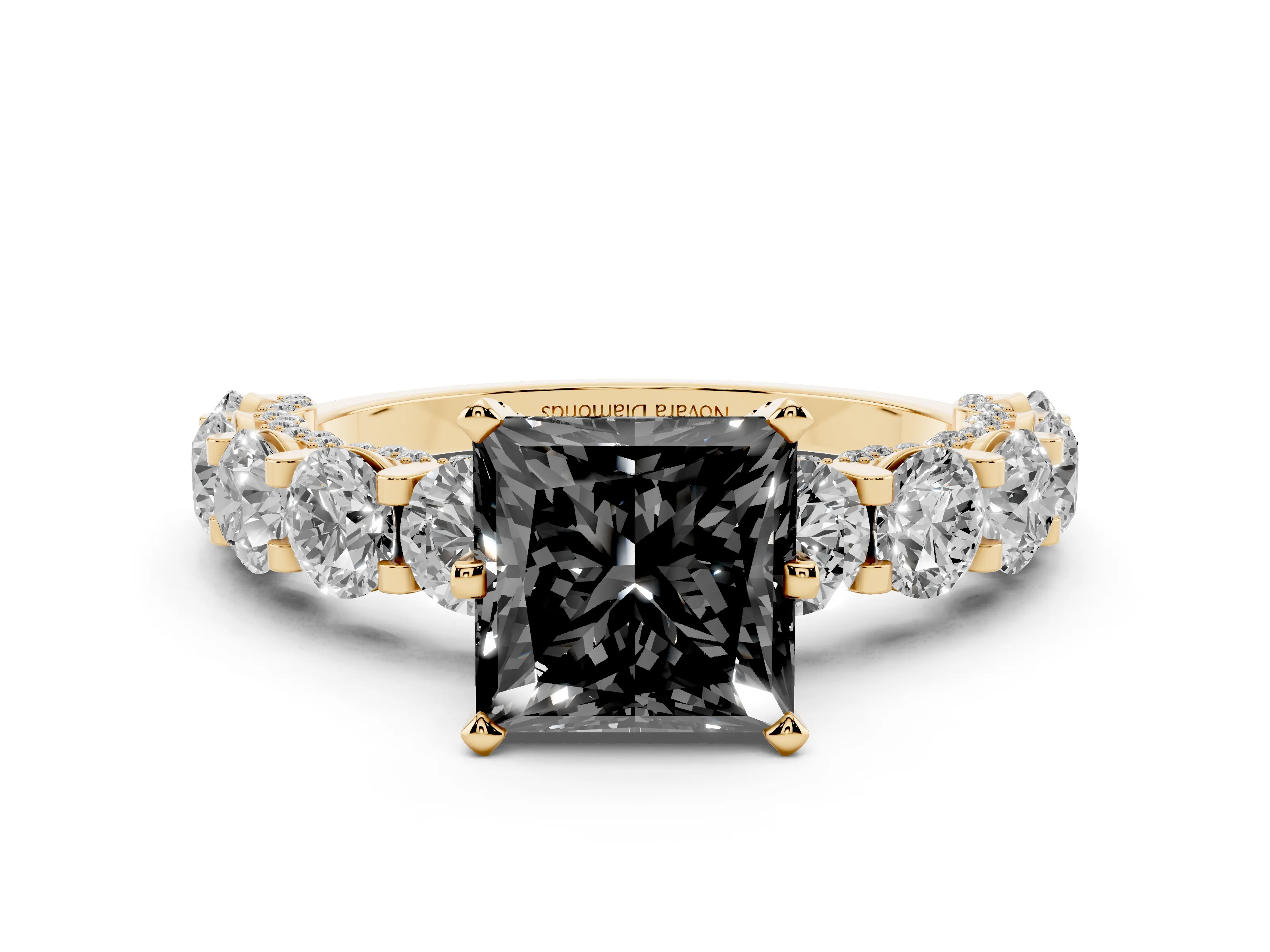 Fancy Black Princess Cut Diamond Side Stone Ring Set in Yellow gold with Alternating Round and Oval Side Stones