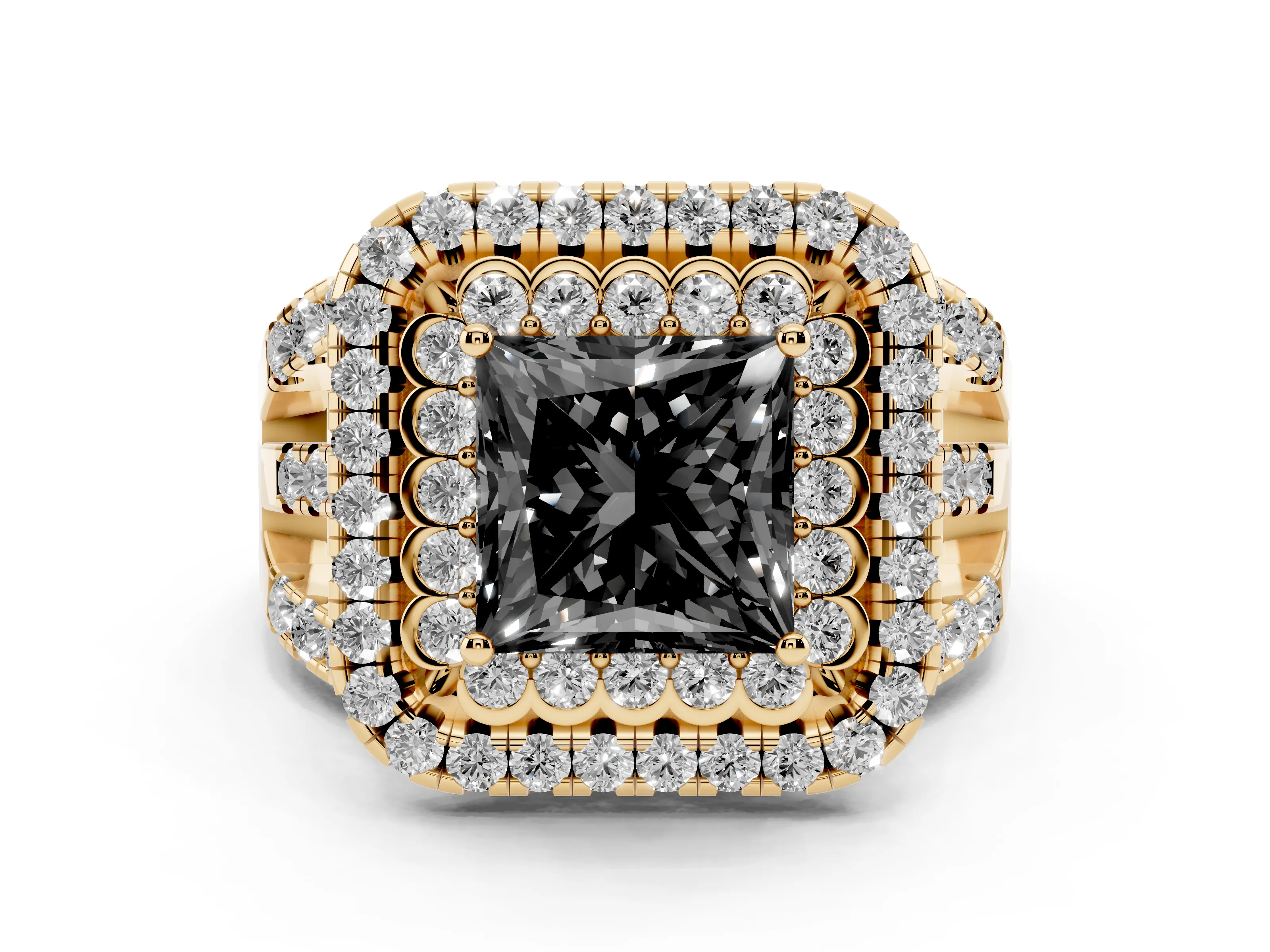 Fancy Black Princess Cut Diamond Double Halo Ring Set in Yellow gold with Round Pavé Split Shank