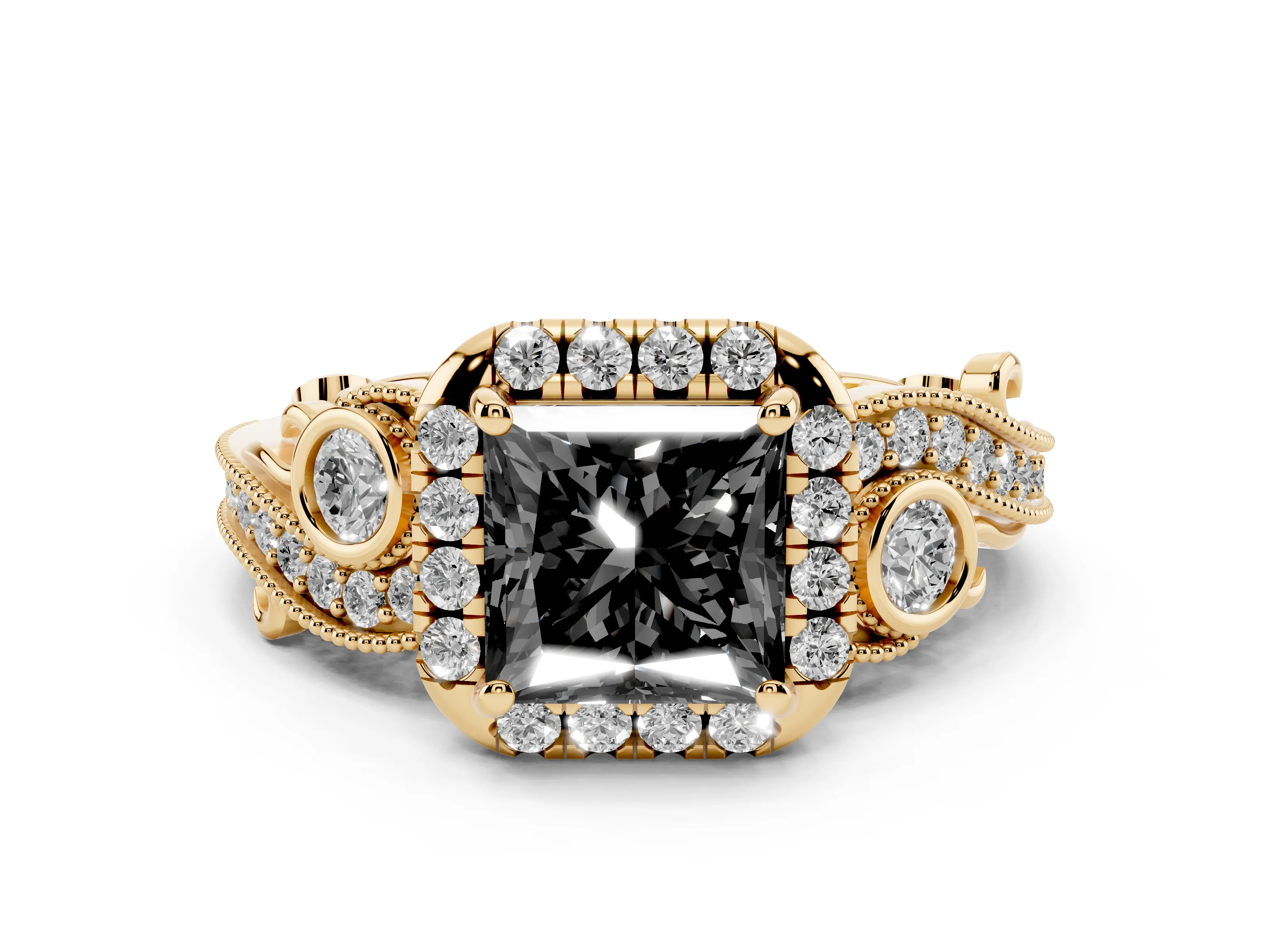 Fancy Black Princess Cut Diamond Halo Split Shank Ring Set in Yellow gold with Milgrain and Bezel Accents