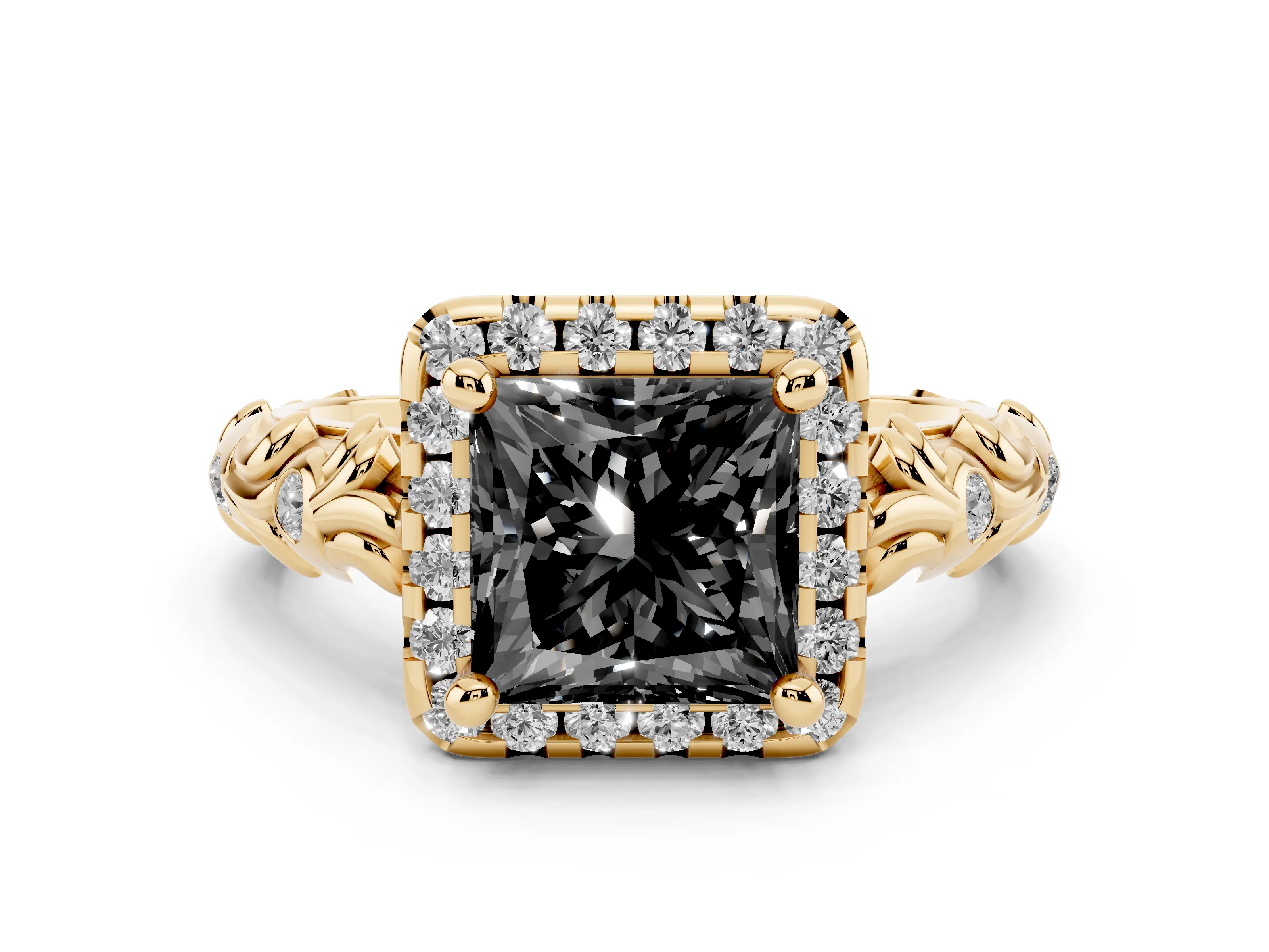 Fancy Black Princess Cut Diamond Halo Ring Set in Yellow gold with Filigree Leaf Band and Prong Setting