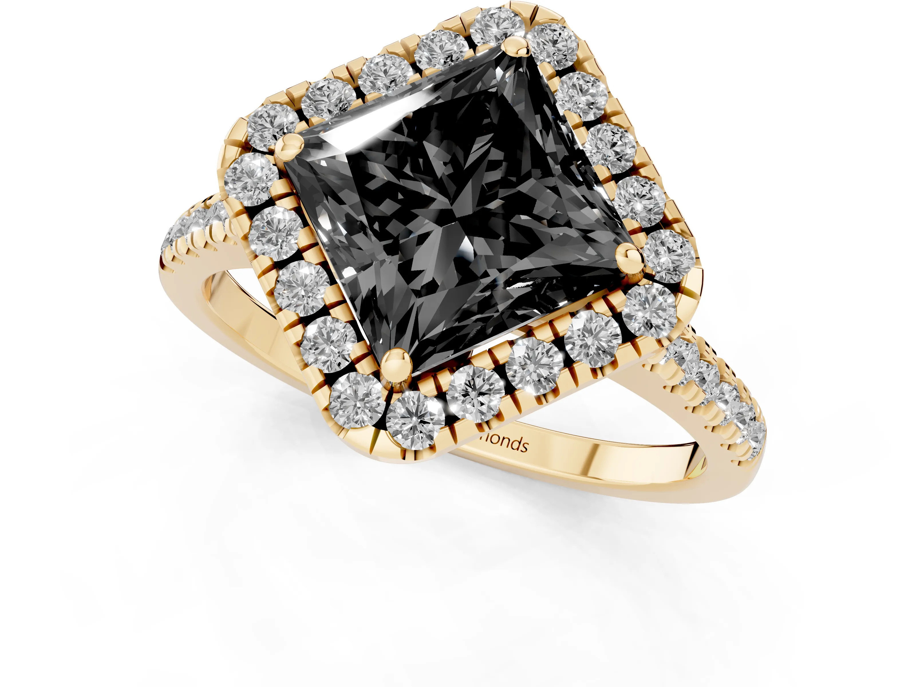 Fancy Black Princess Cut Diamond Cushion Halo Ring Set in Yellow gold with Pavé Band