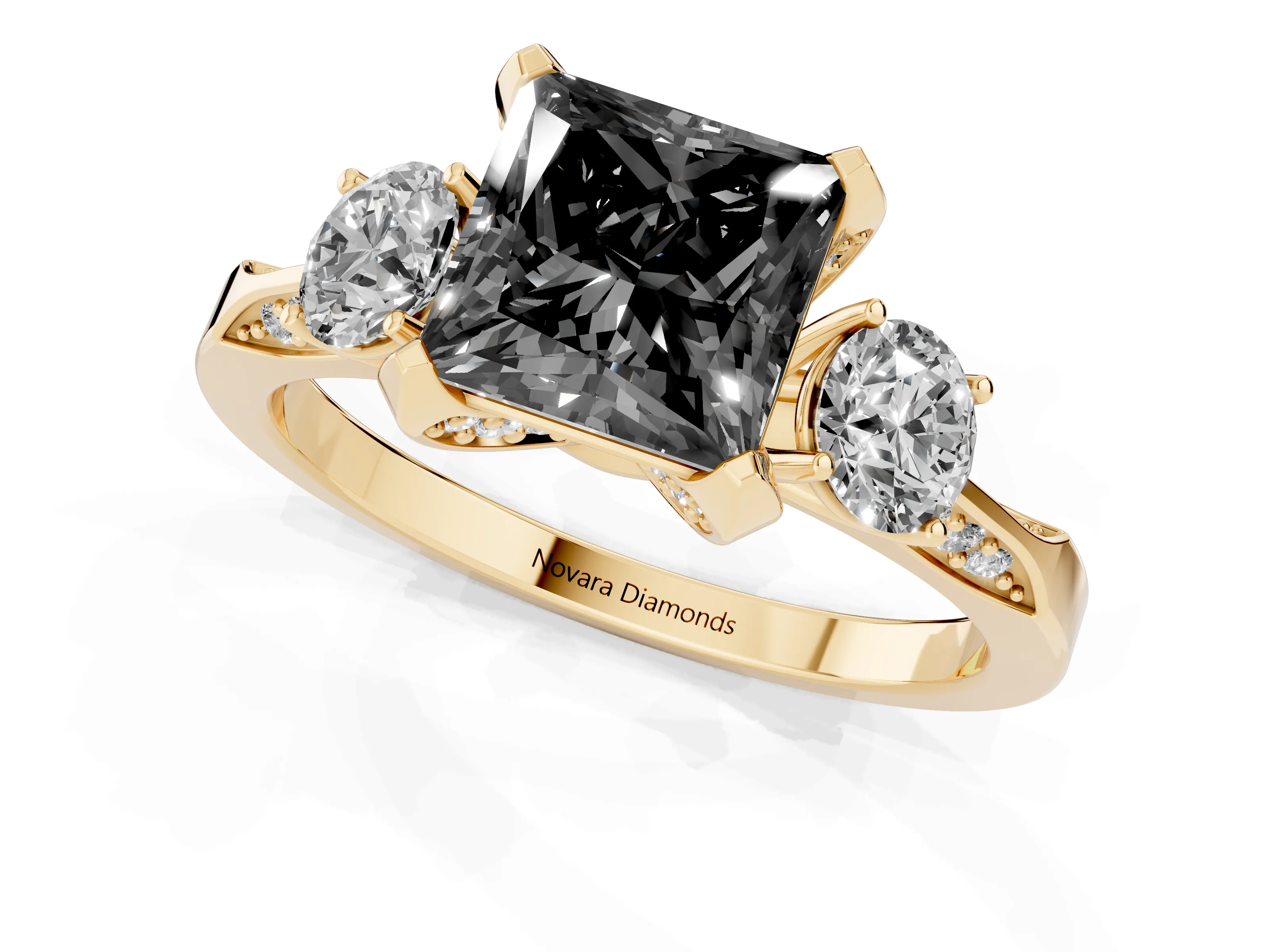 Fancy Black Princess Cut Diamond Three-Stone Ring Set in Yellow gold with Pavé Band and Smaller Side Stones
