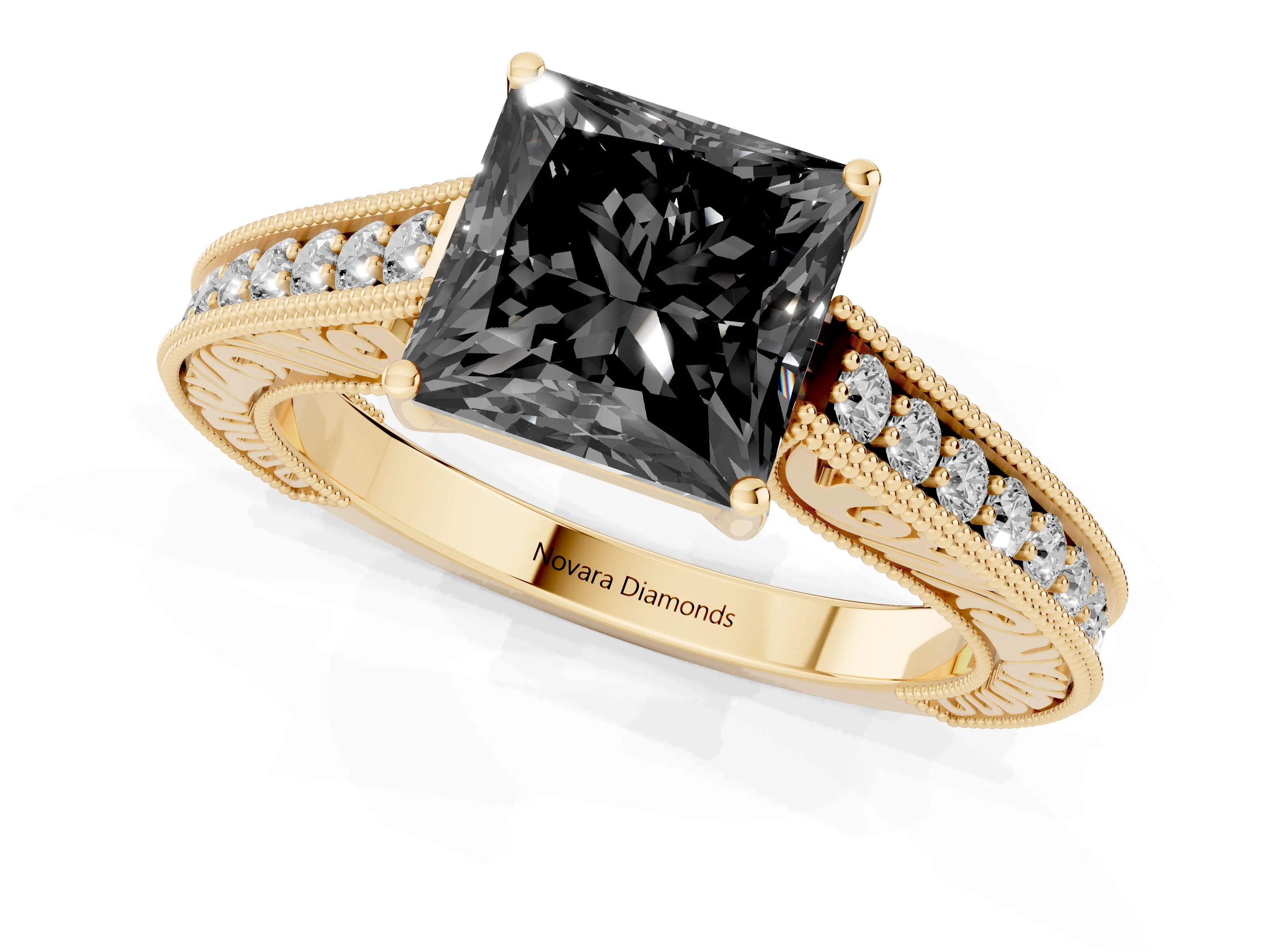Fancy Black Princess Cut Diamond Milgrain Pavé Band Solitaire Ring Set in Yellow gold with Prong Setting