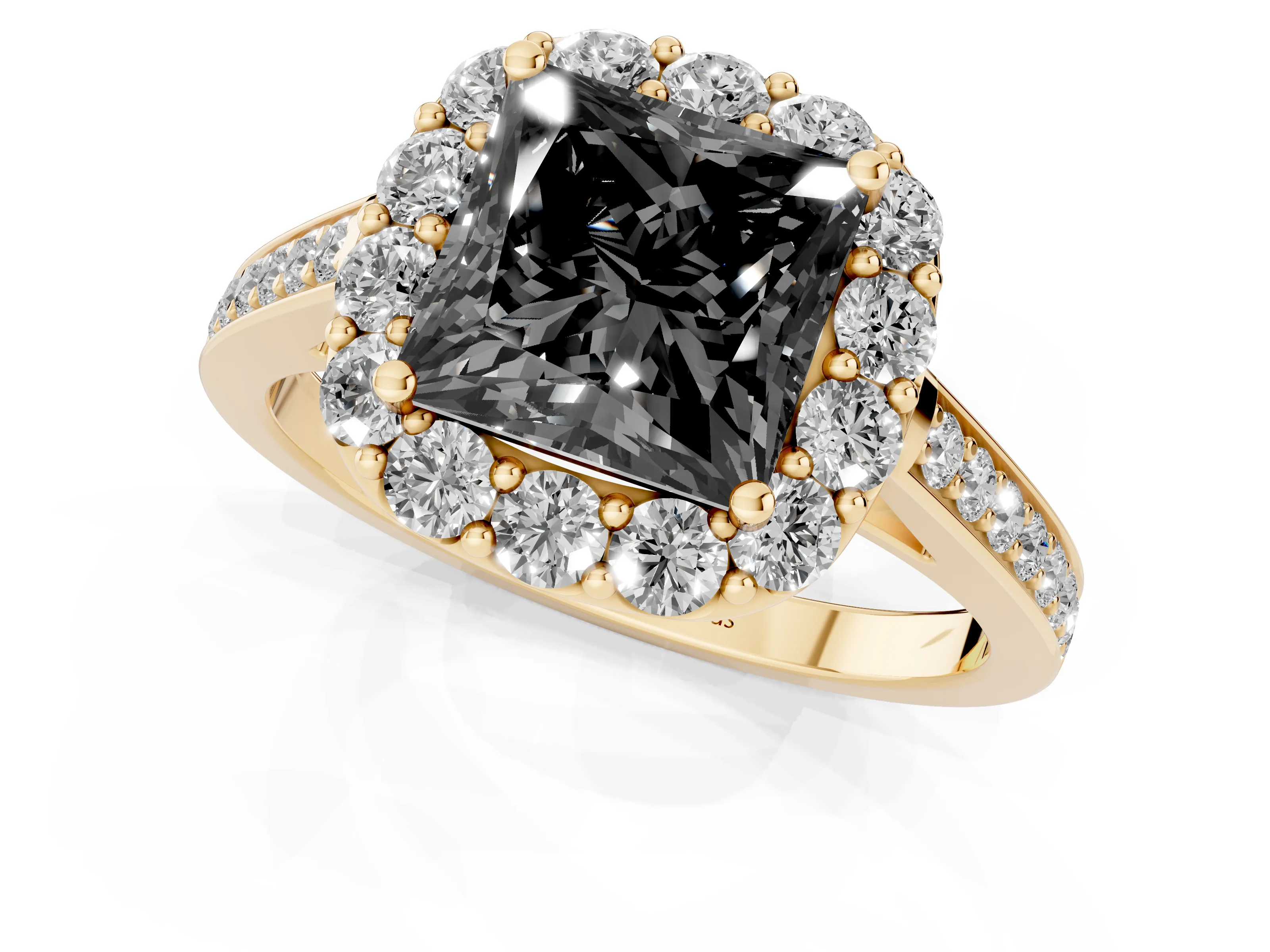 Fancy Black Princess Cut Diamond Floral Halo Ring Set in Yellow gold with Pavé Band and Prong Setting