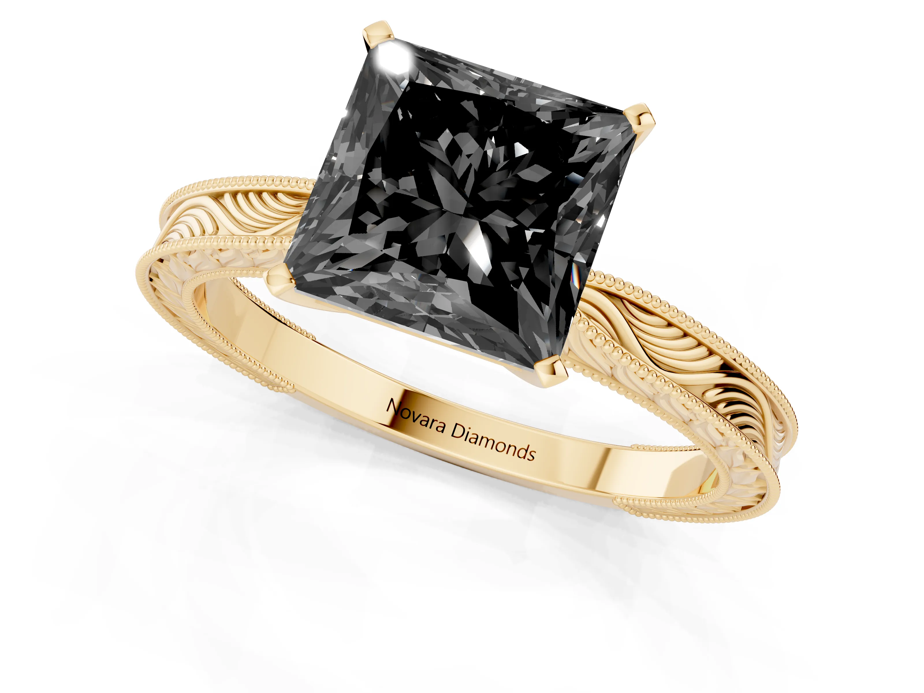 Fancy Black Princess Cut Diamond Solitaire Milgrain Engraved Band Set in Yellow gold with Prong Setting