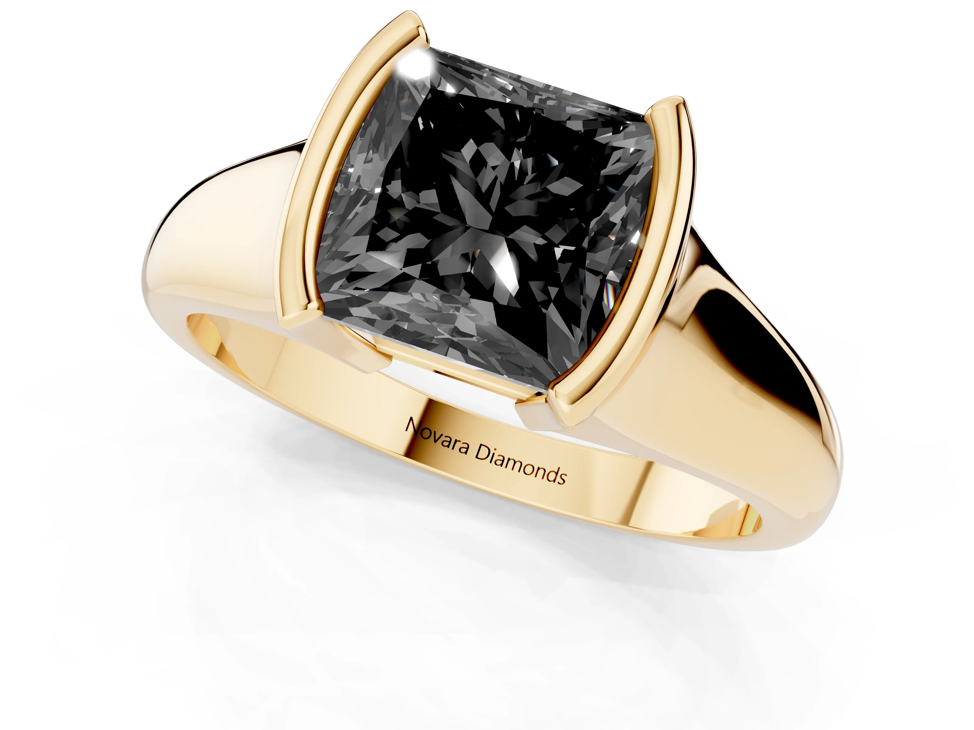 Fancy Black Princess Cut Diamond Solitaire Tension Set Ring Set in Yellow gold with Split Shank Band