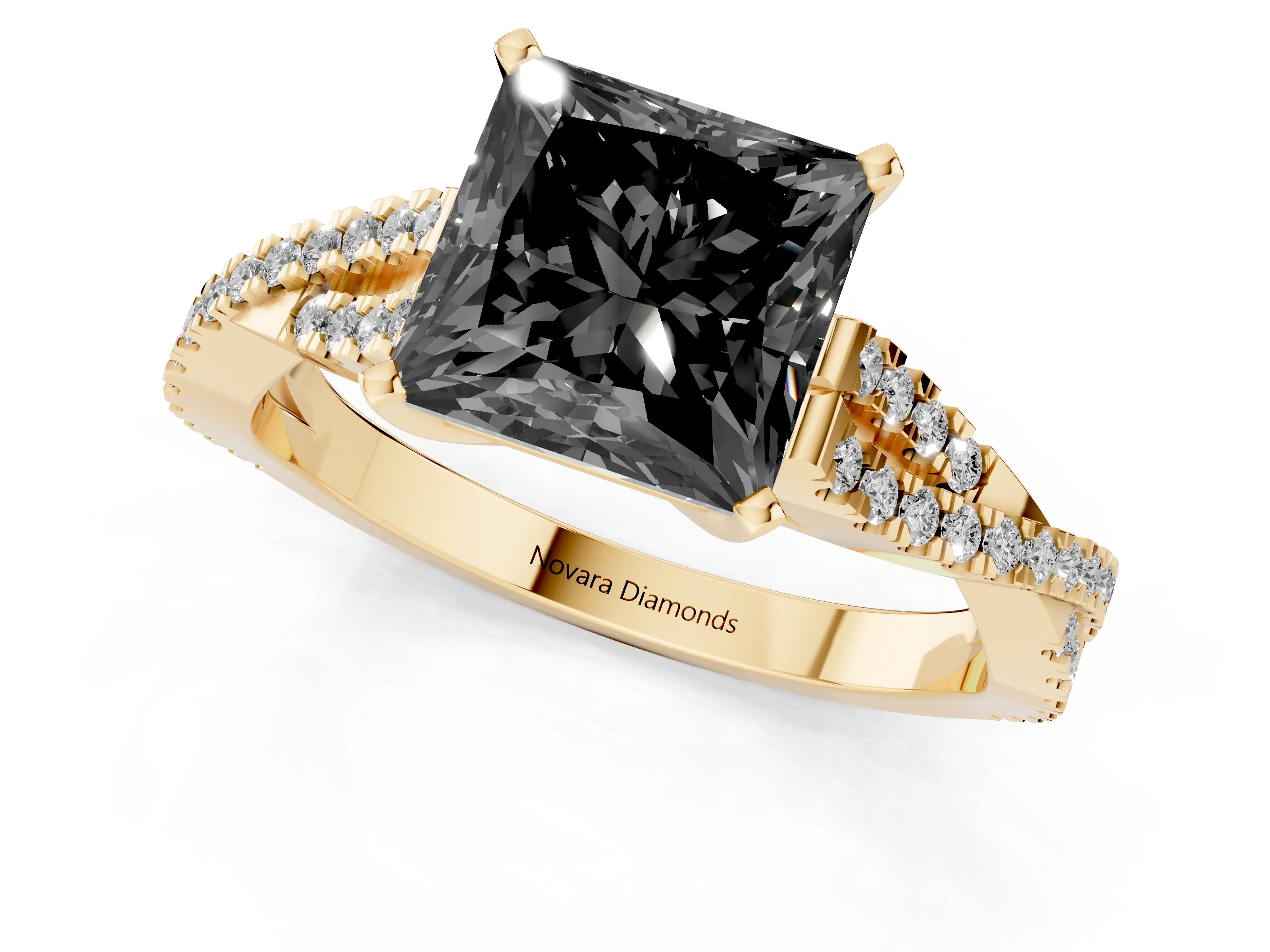 Fancy Black Princess Cut Diamond Solitaire Engagement Ring Set in Yellow gold with Twisted Pavé Band and Prong Setting