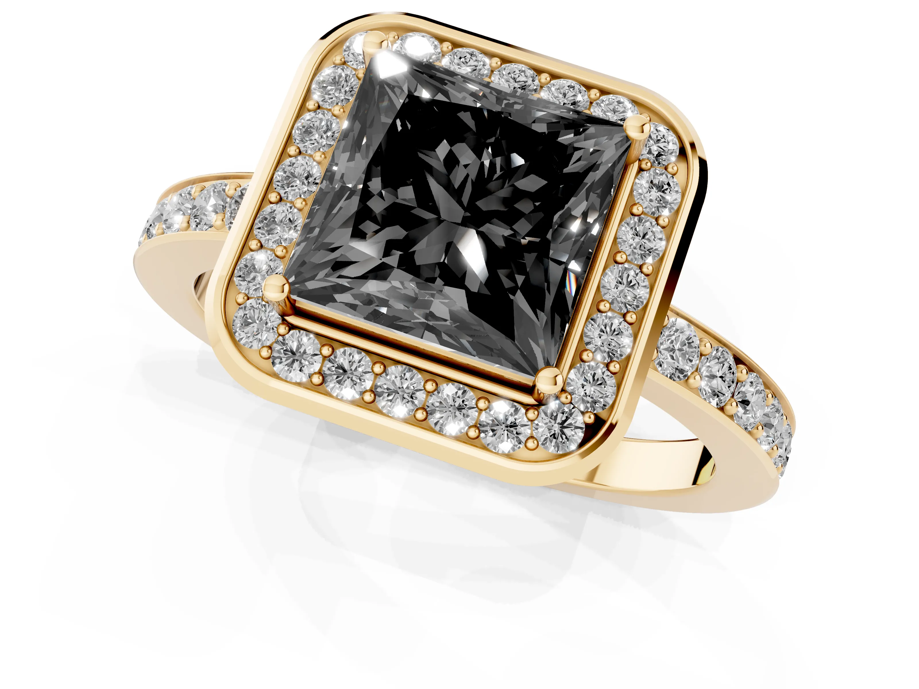 Fancy Black Princess Cut Diamond Halo Ring Set in Yellow gold with Bezel Frame and Pavé Band