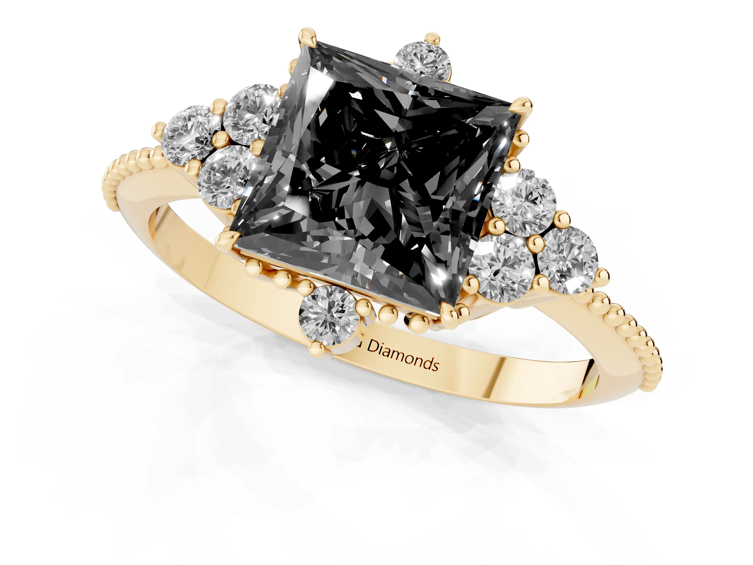 Fancy Black Princess Cut Diamond Cluster Ring Set in Yellow gold with Beaded Band