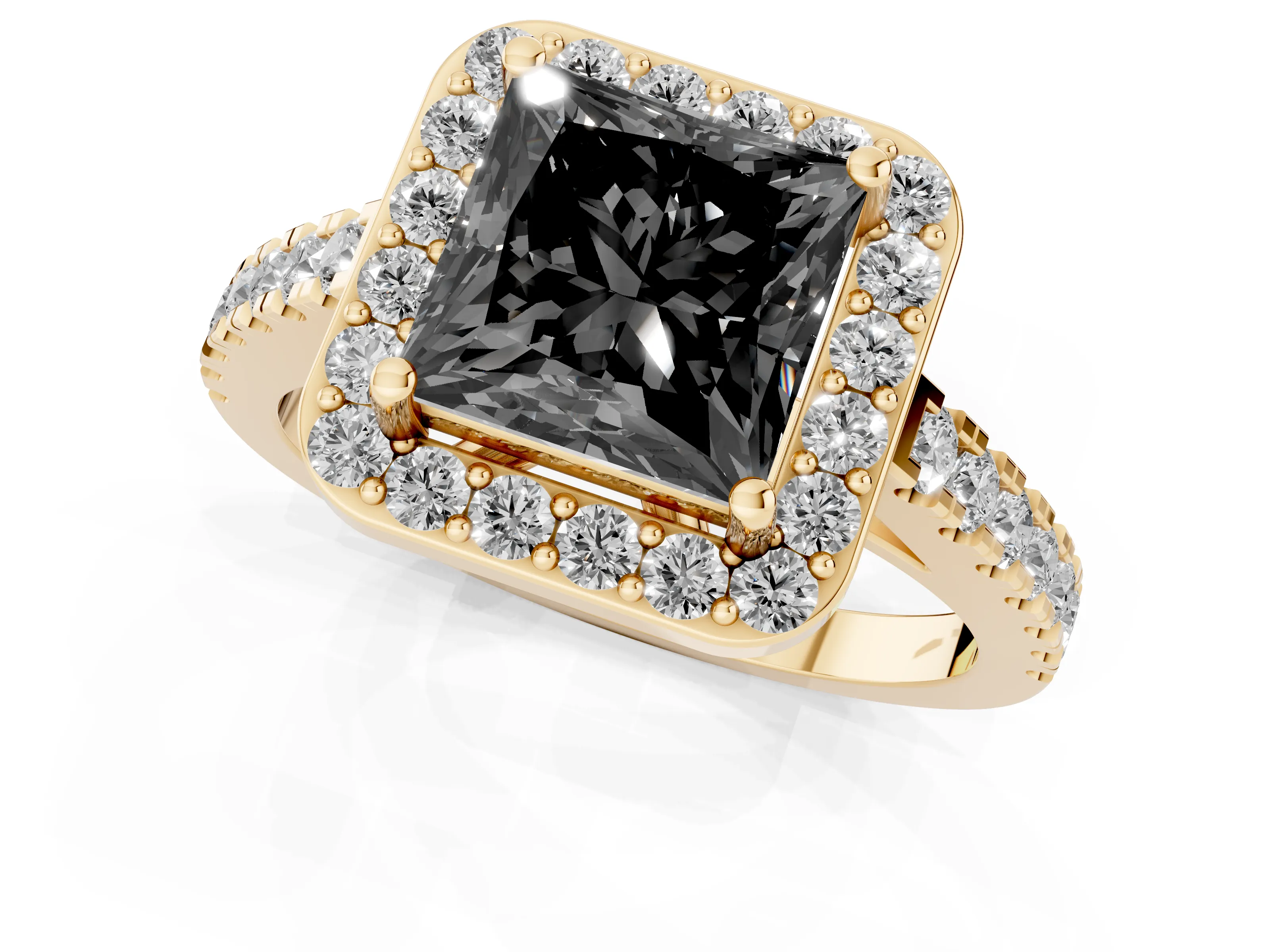 Fancy Black Princess Cut Diamond Halo Ring Set in Yellow gold with Round Pavé Split Shank and Prong Setting