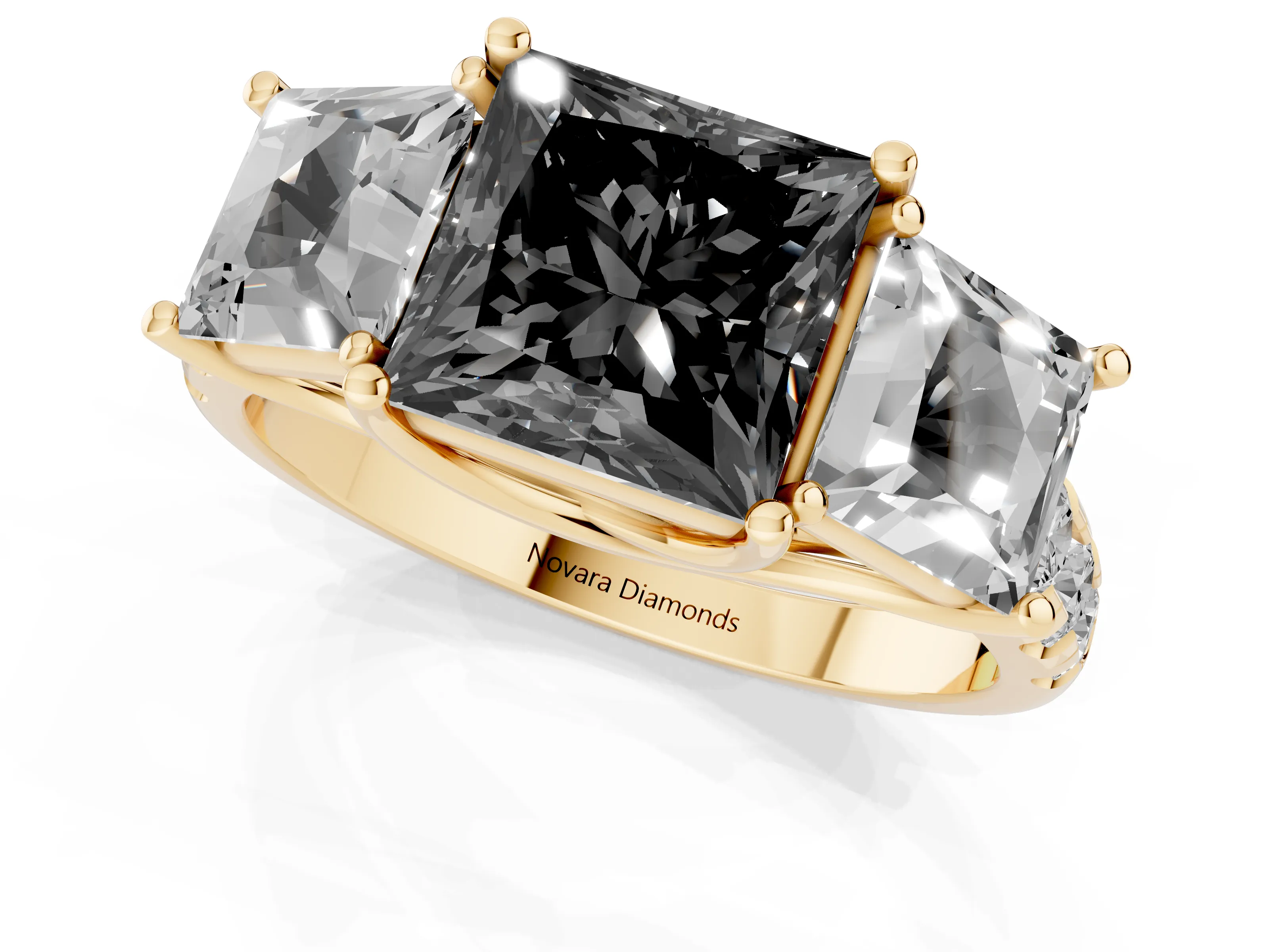 Fancy Black Princess Cut Diamond Three-Stone Ring Set in Yellow gold with Pavé Band
