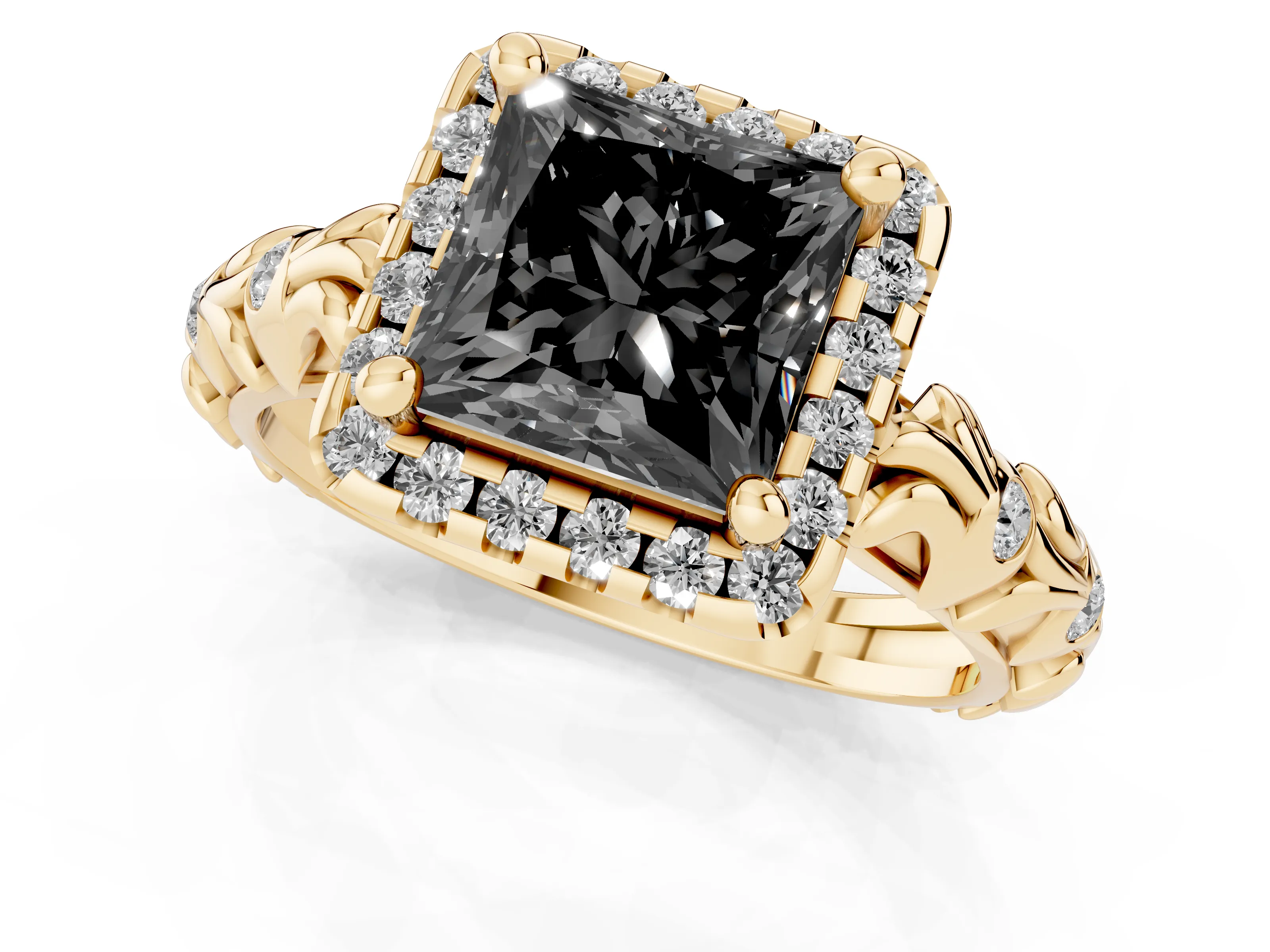 Fancy Black Princess Cut Diamond Halo Ring Set in Yellow gold with Filigree Leaf Band and Prong Setting