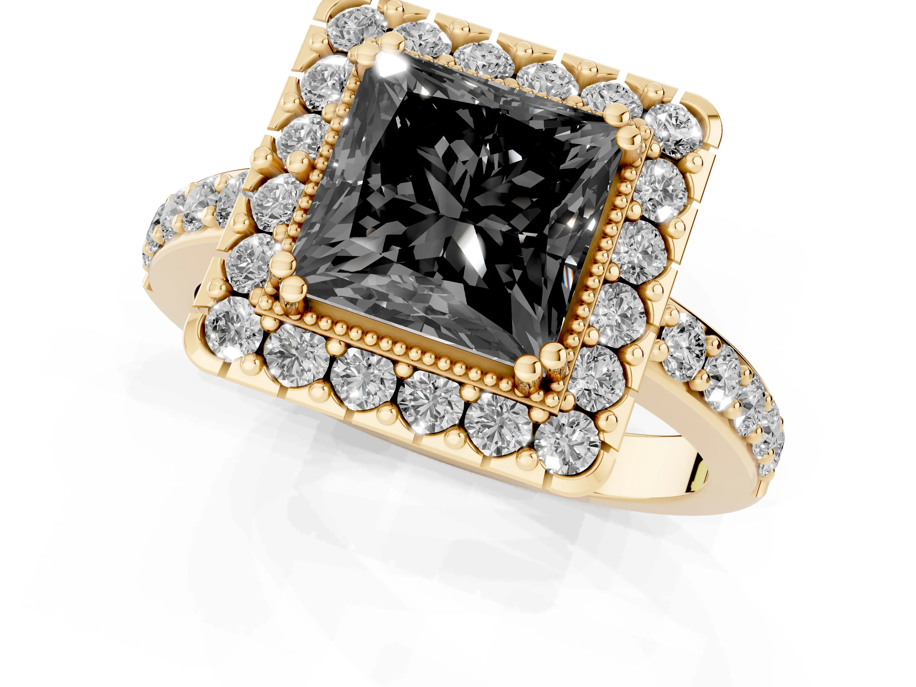 Fancy Black Princess Cut Diamond Halo Ring Set in Yellow gold with Pavé Shank and Prong Setting