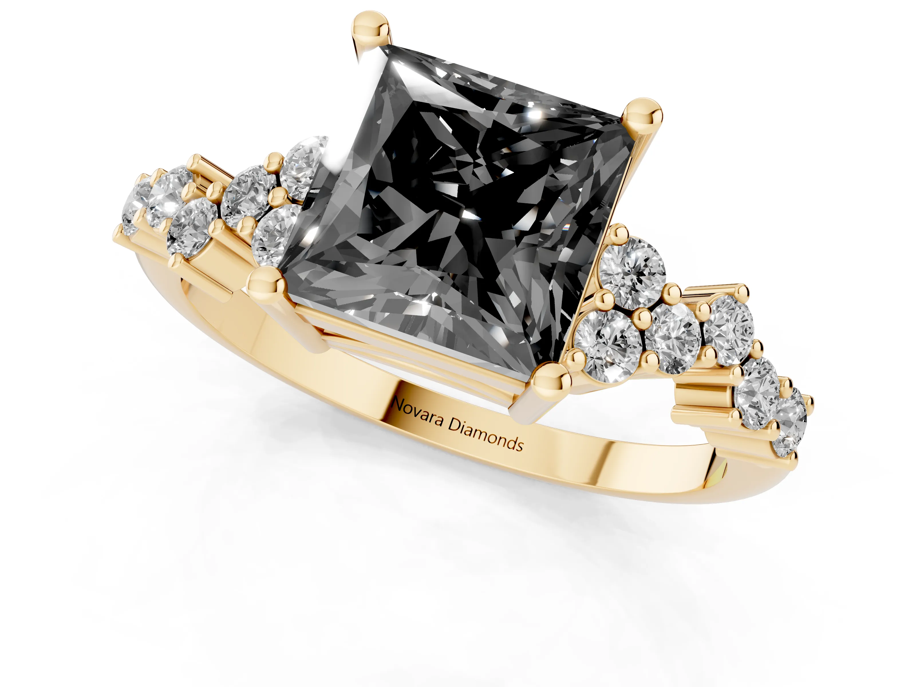 Fancy Black Princess Cut Diamond Ring Set in Yellow gold with Scattered Round Accents