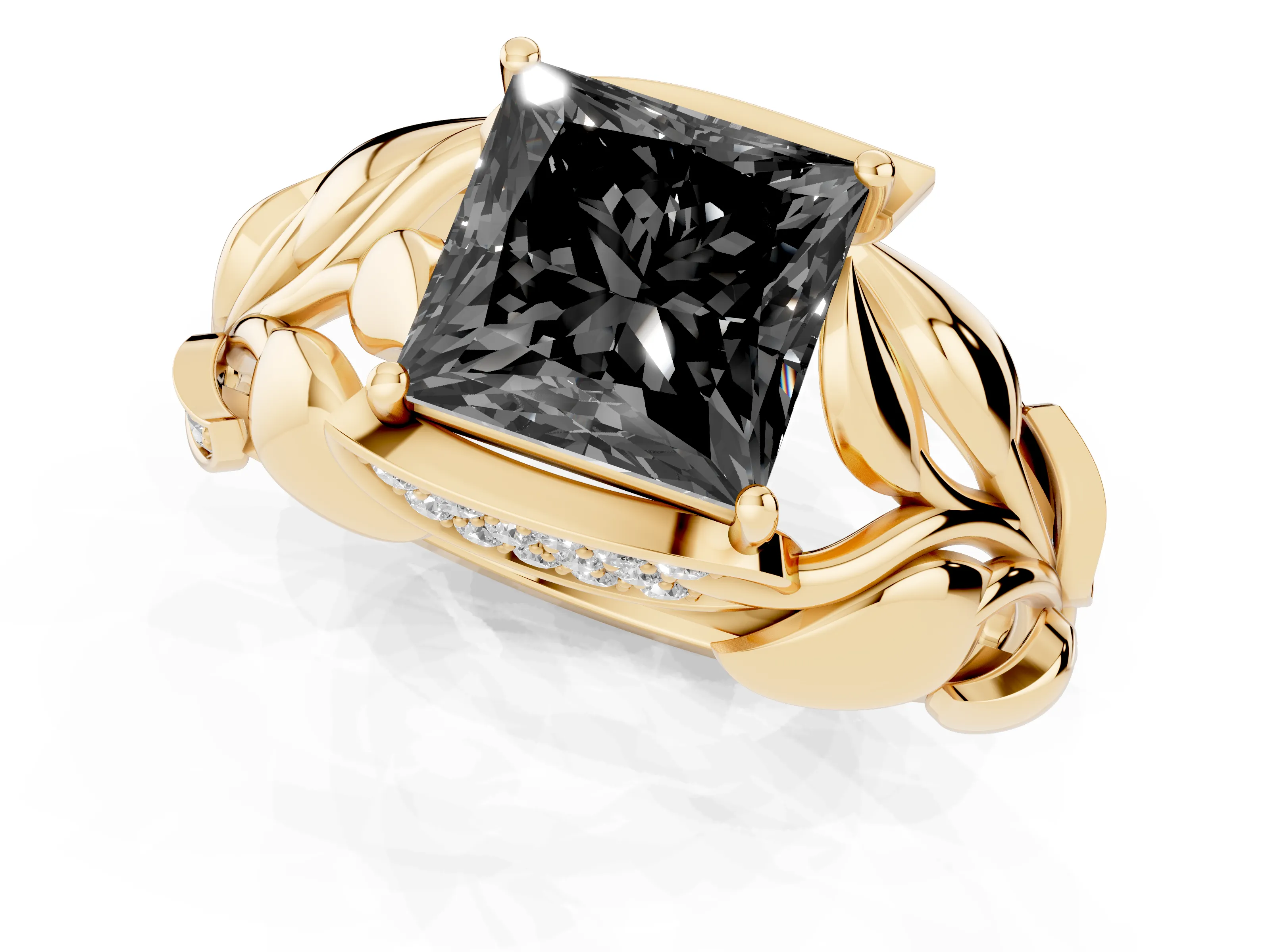 Fancy Black Princess Cut Diamond Leaf-Inspired Engagement Ring Set in Yellow gold with Round Accents