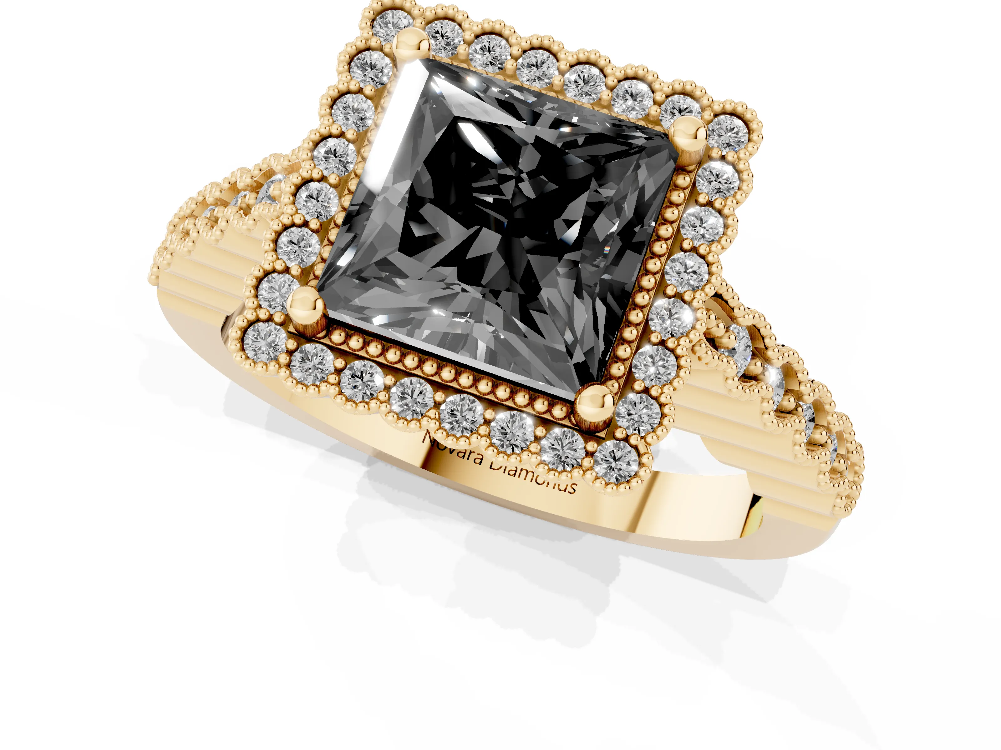 Fancy Black Princess Cut Diamond Halo Ring Set in Yellow gold with Pavé Milgrain Band