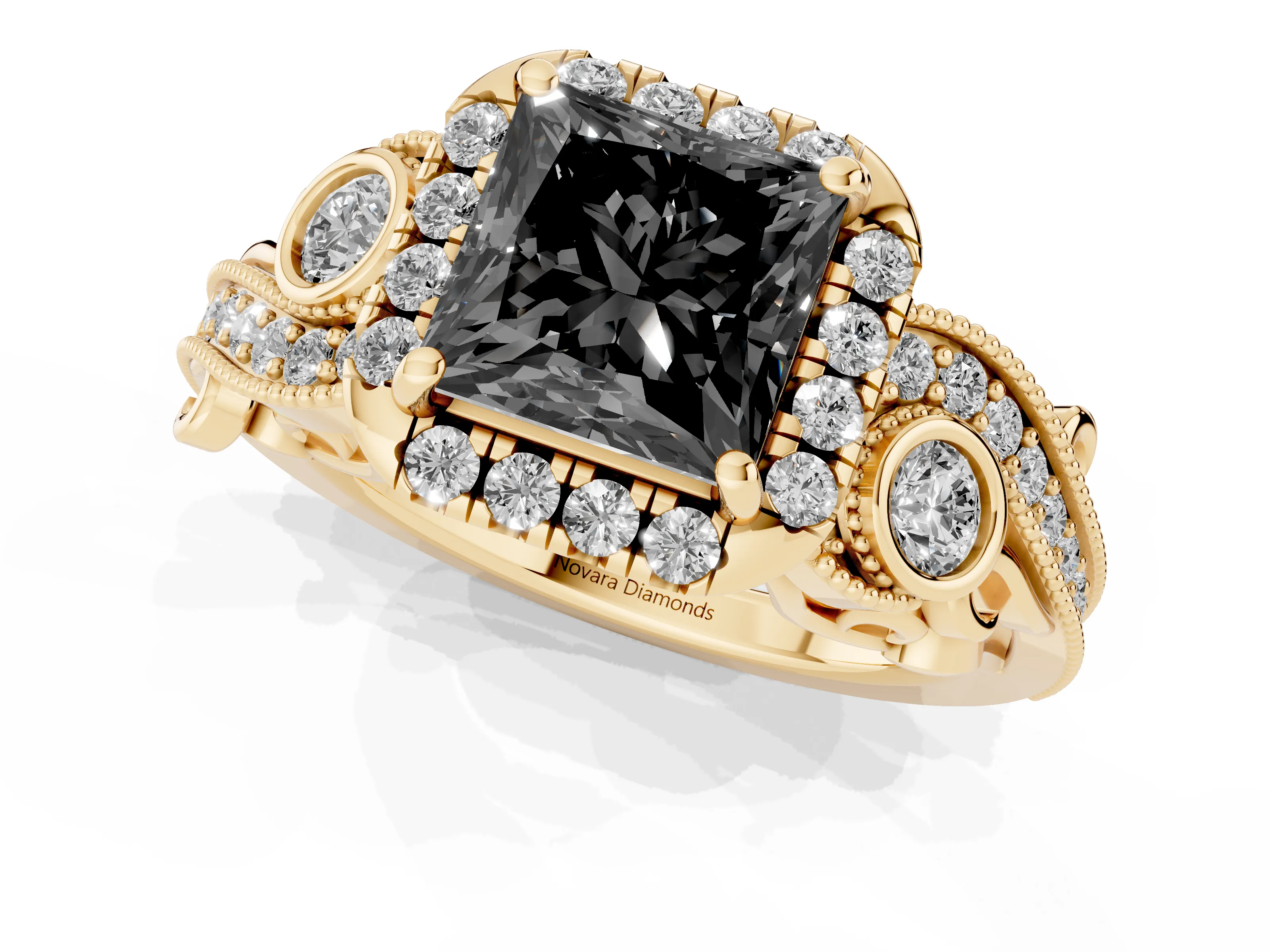 Fancy Black Princess Cut Diamond Halo Split Shank Ring Set in Yellow gold with Milgrain and Bezel Accents